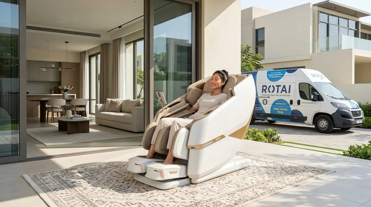 Person using a massage chair in a modern living room with a van labeled 'ROTAI' in the background.