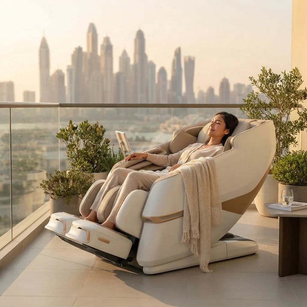 A woman relaxes in a cream and beige modern massage chair on a sunlit balcony with a city skyline in the background.