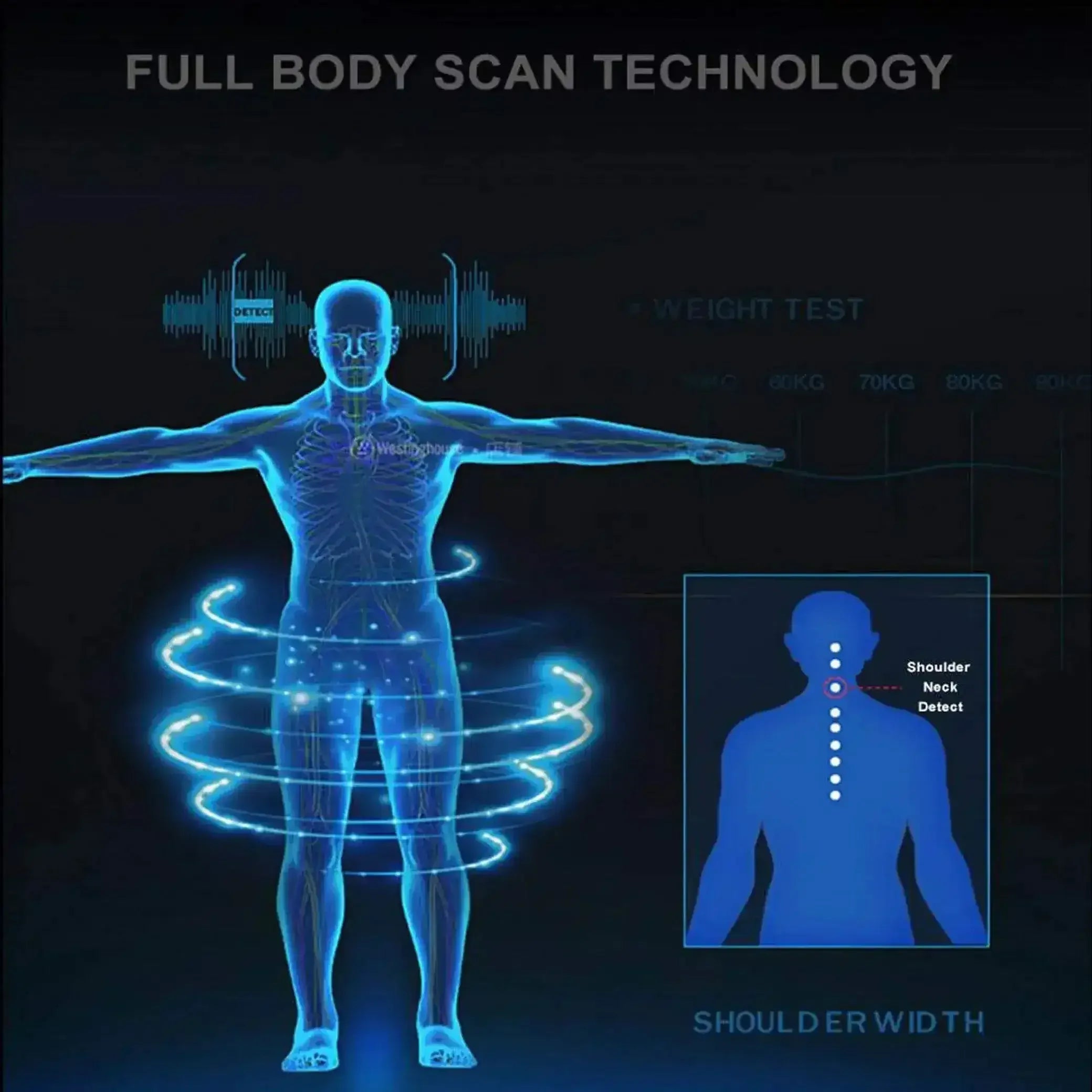 Full body scan technology illustration with digital human figure, weight test, and shoulder width detection.