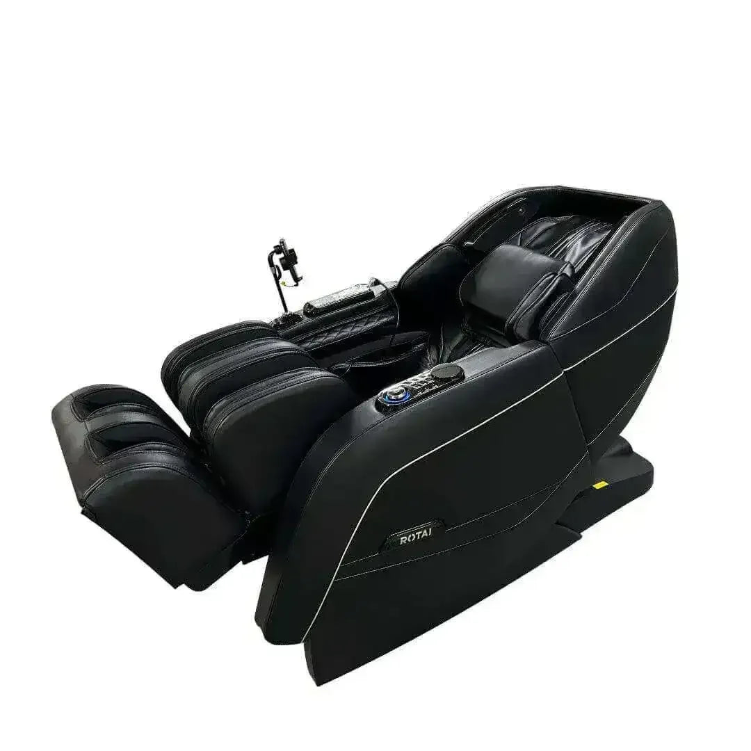 Black Rotai full body massage chair with control panel on white background