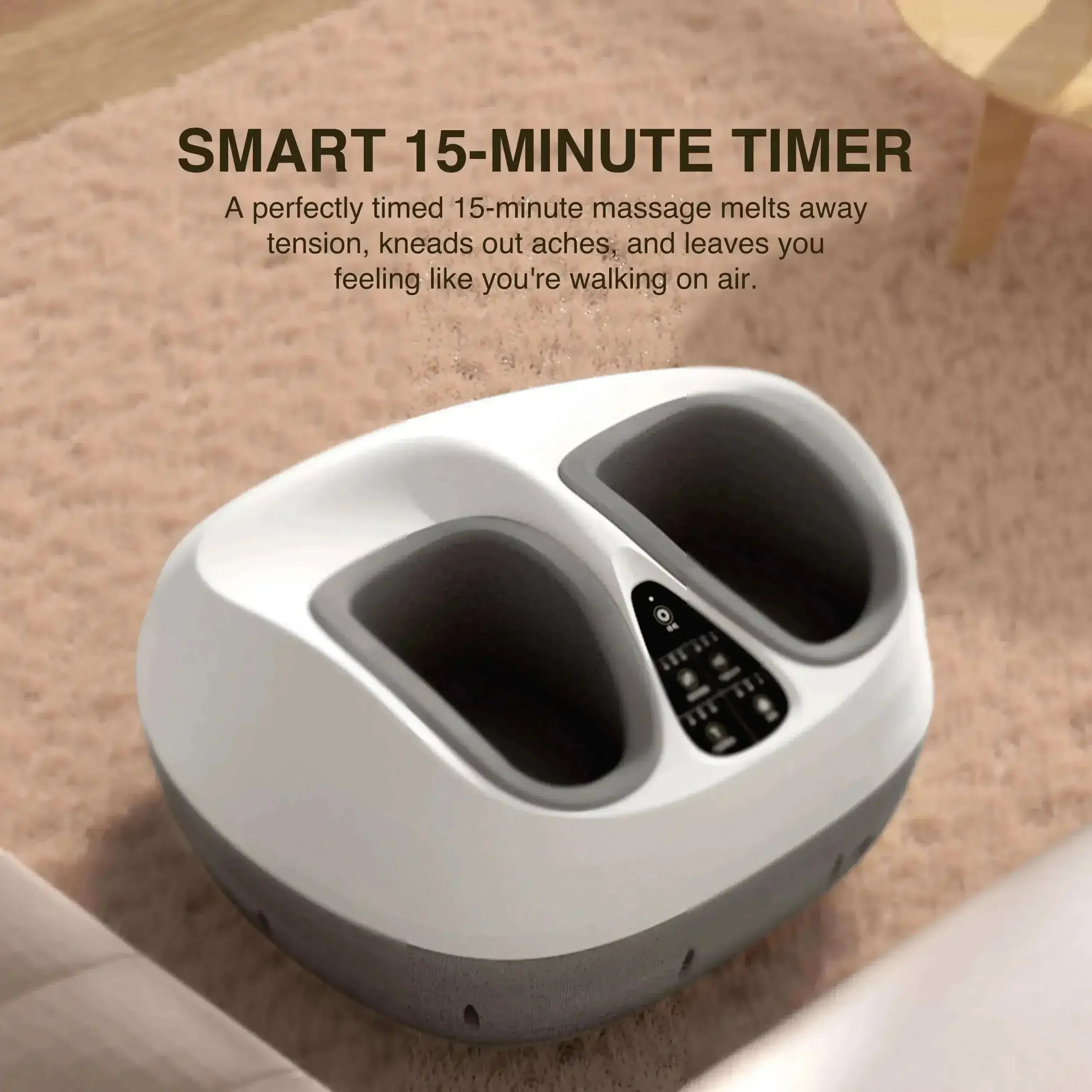 Foot massager with smart 15-minute timer on beige carpet, digital controls visible