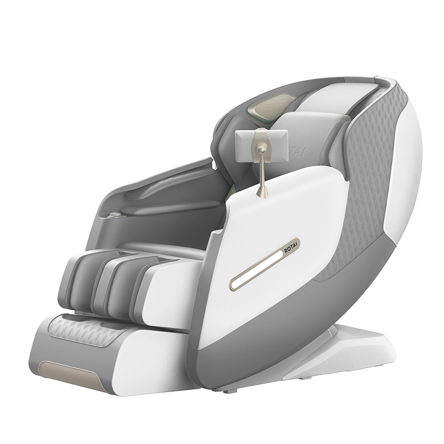 A modern white and gray automatic massage chair with a sleek, ergonomic design, shown from a three-quarters angle on a solid white background.