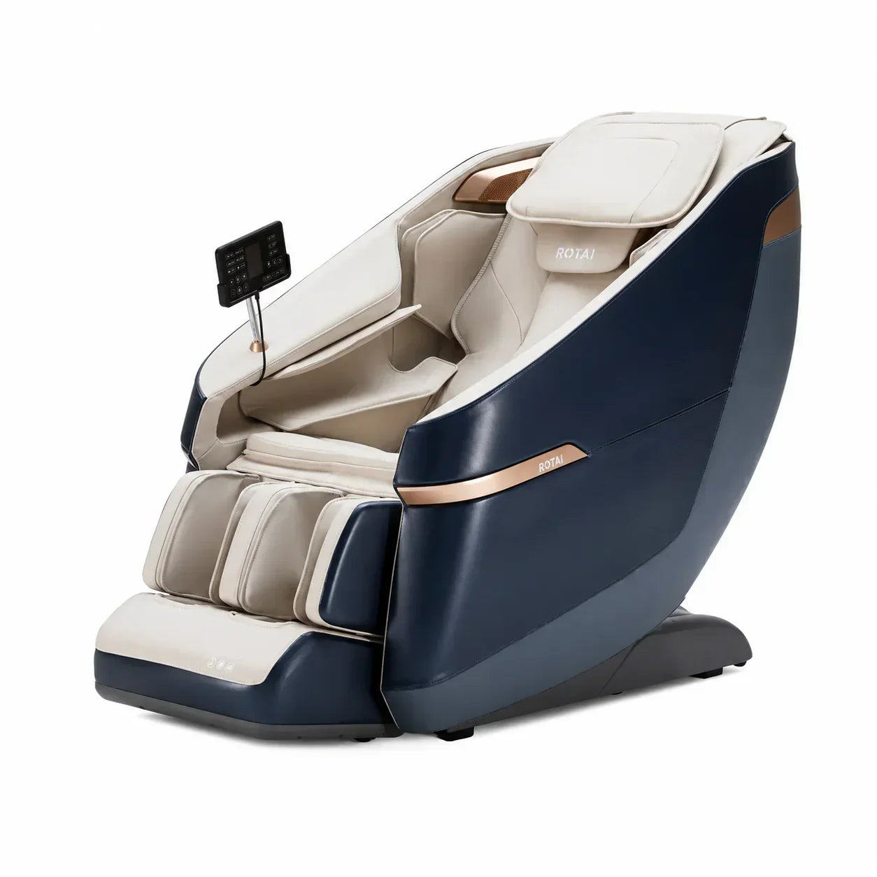 Luxury full body massage chair with cream and navy blue design, touchscreen control panel