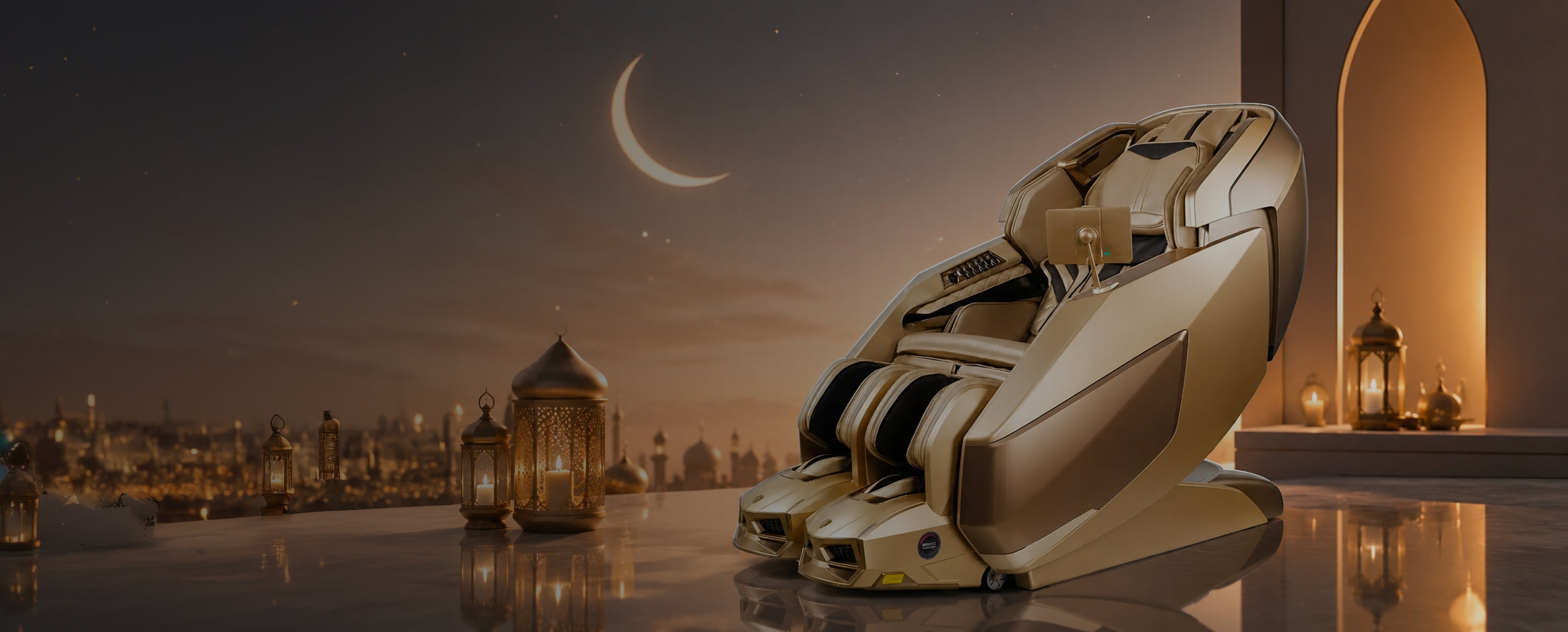 Massage chair with a cityscape and crescent moon in the background