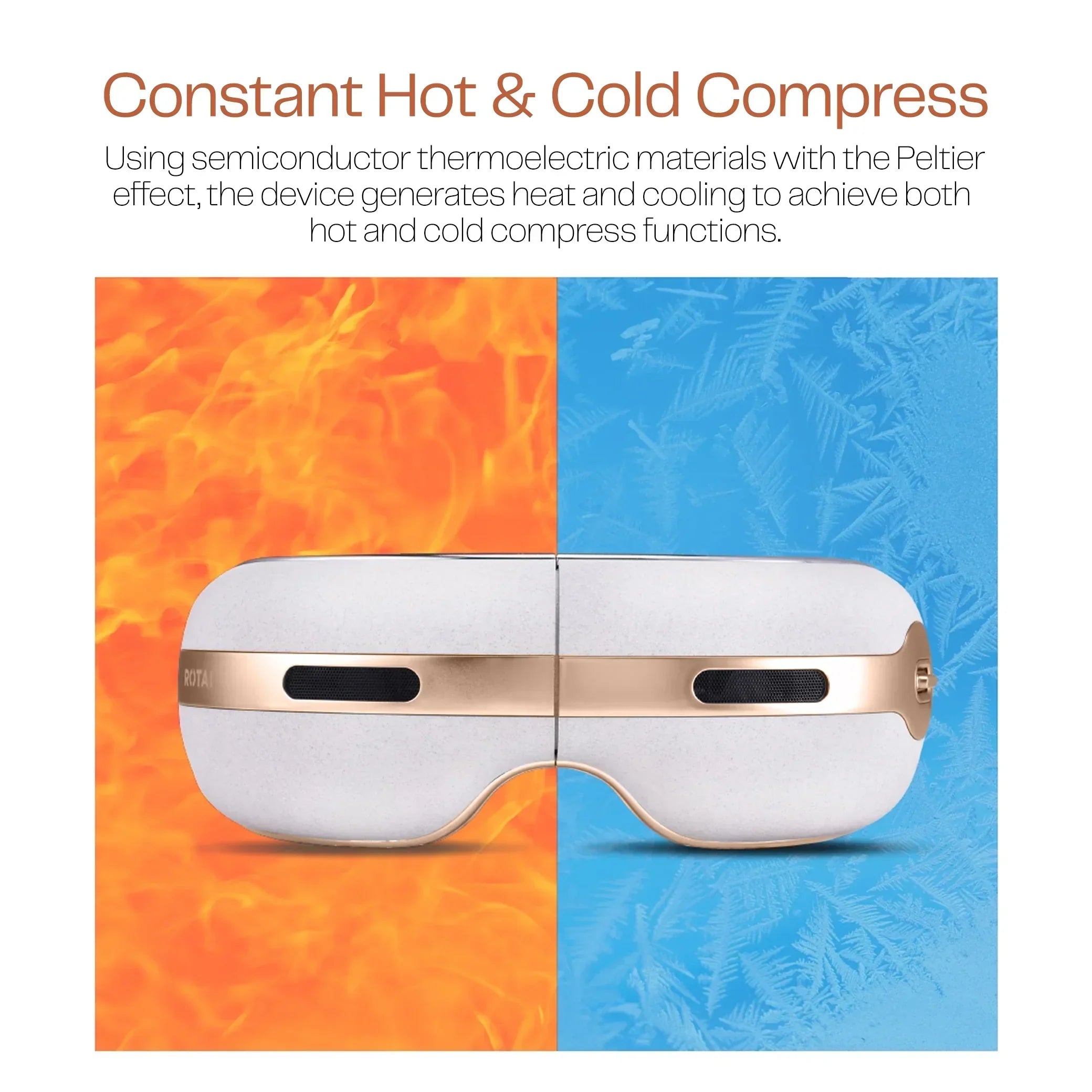 White and gold eye massager with constant hot and cold compress on fire and ice background