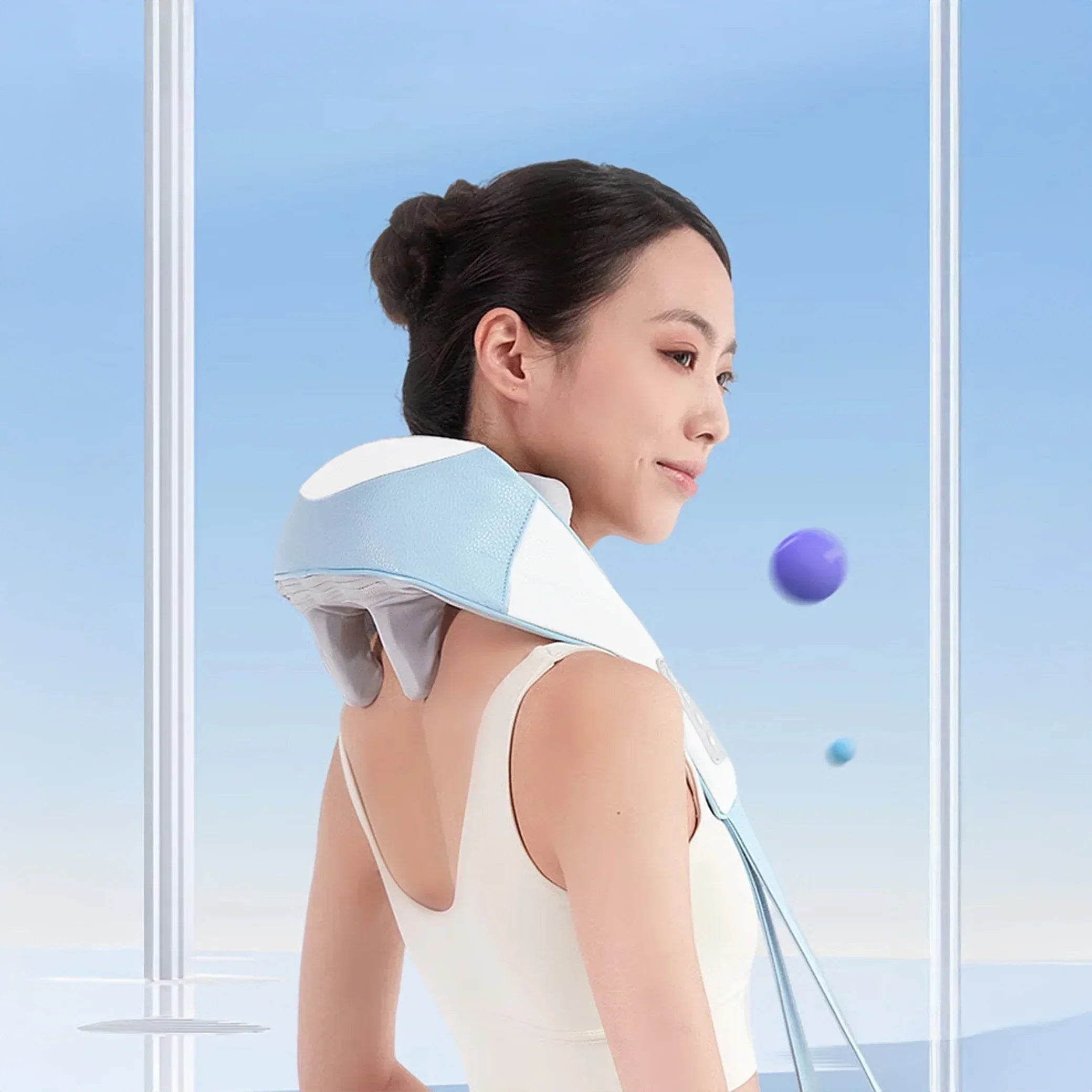 Woman using blue Pro Neck Massager device on shoulders in minimal blue background