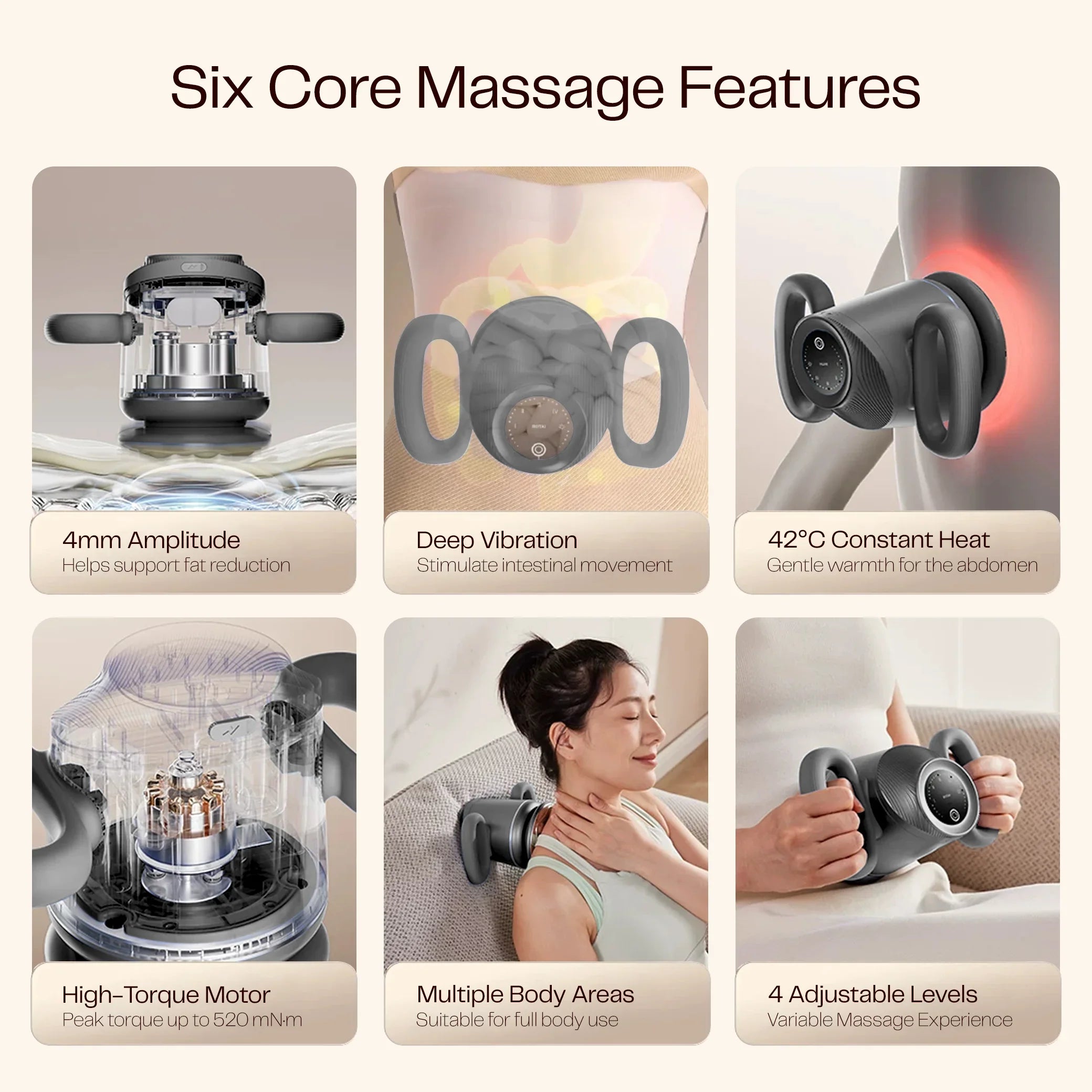 Massage device features infographic showing amplitude, deep vibration, heat, motor, multi-area use, and adjustable levels.