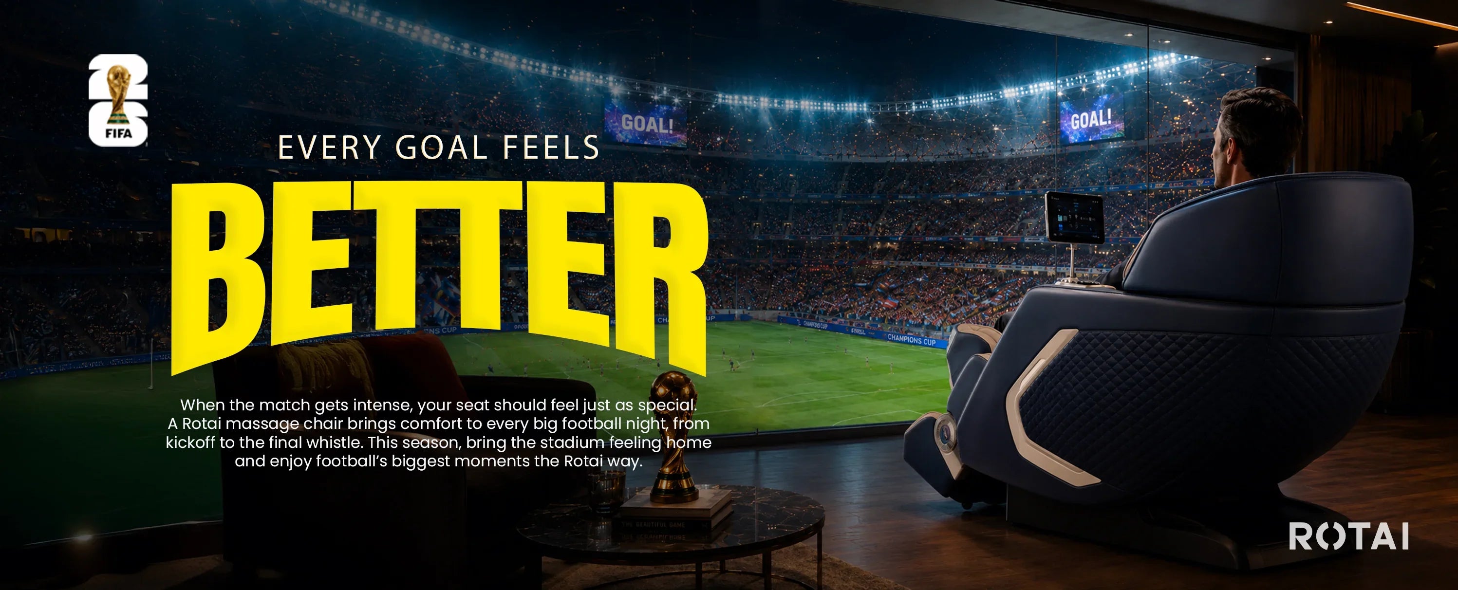 Man relaxing in luxury massage chair watching football match in stadium view