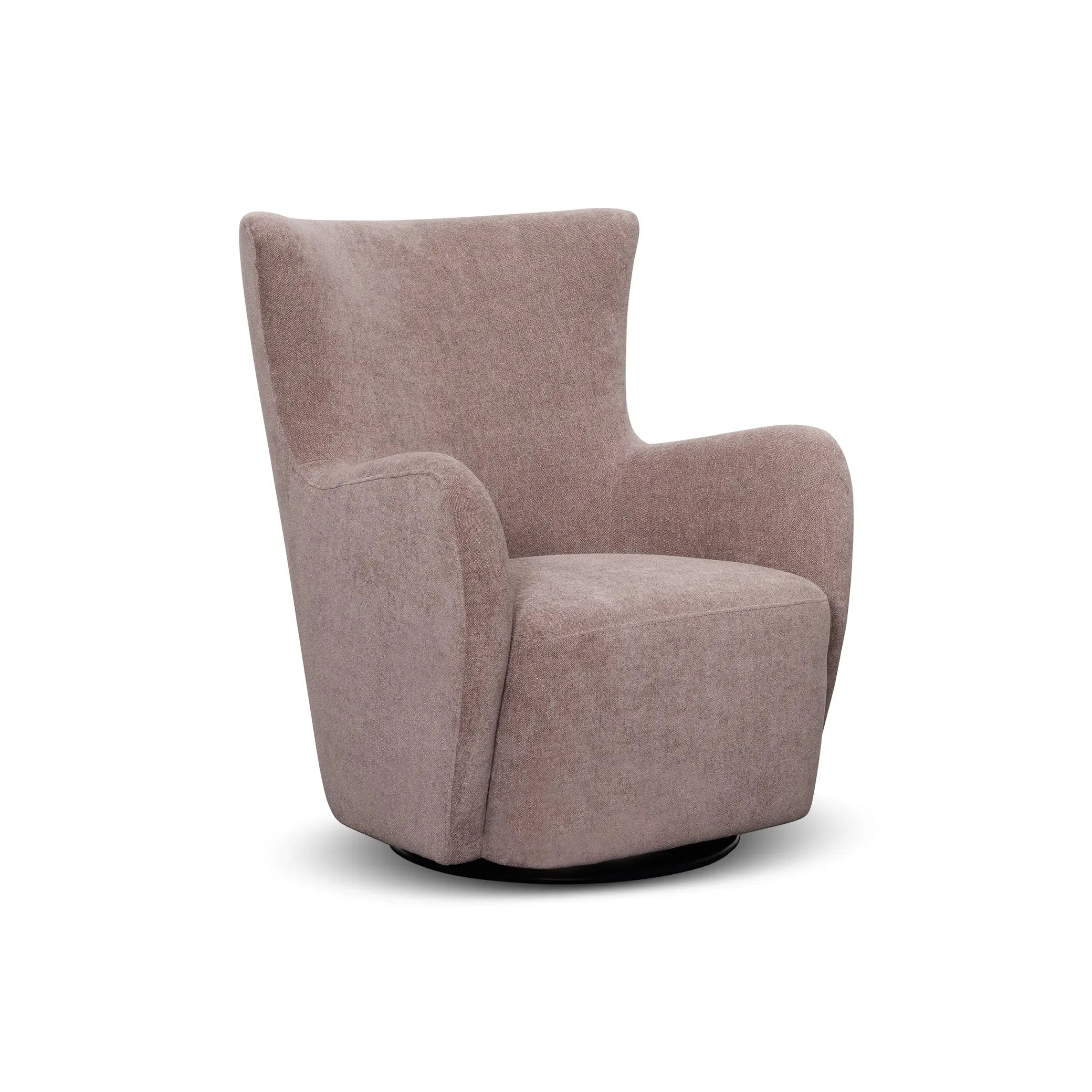 Modern ash fabric swivel accent chair with high back and curved arms on white background