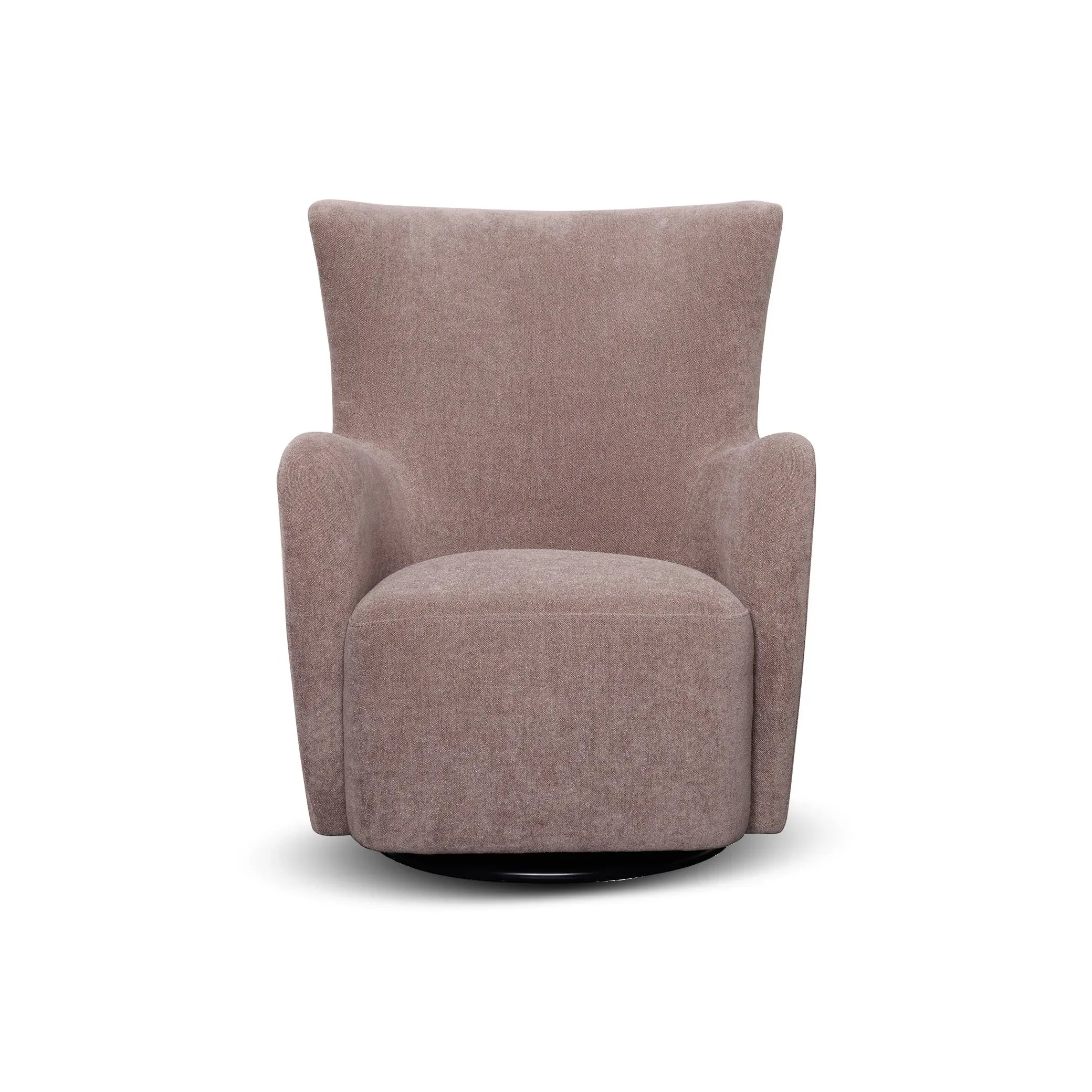 Modern ash brown upholstered swivel accent chair with curved back and armrests on white background