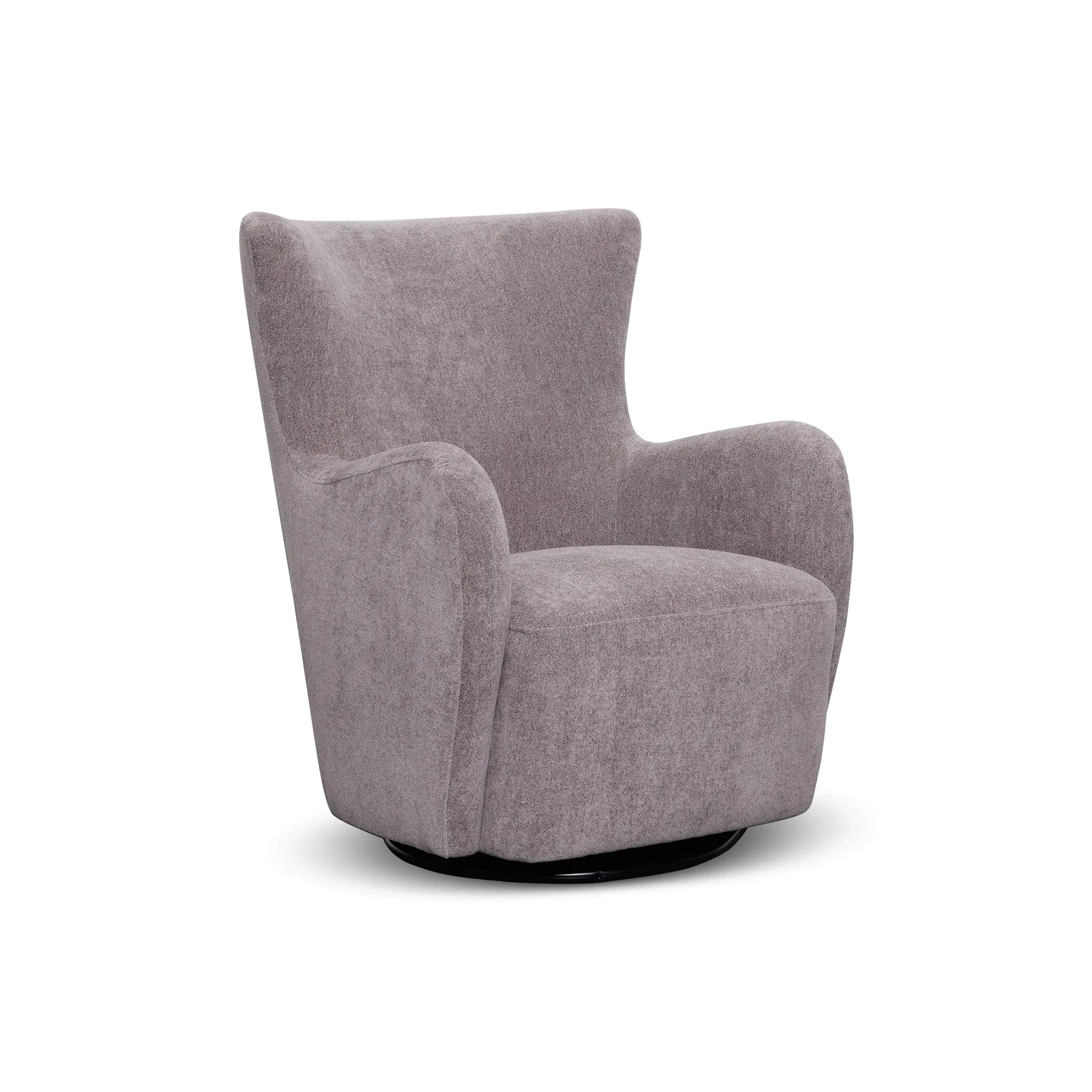 Modern grey upholstered swivel accent chair with curved arms on white background
