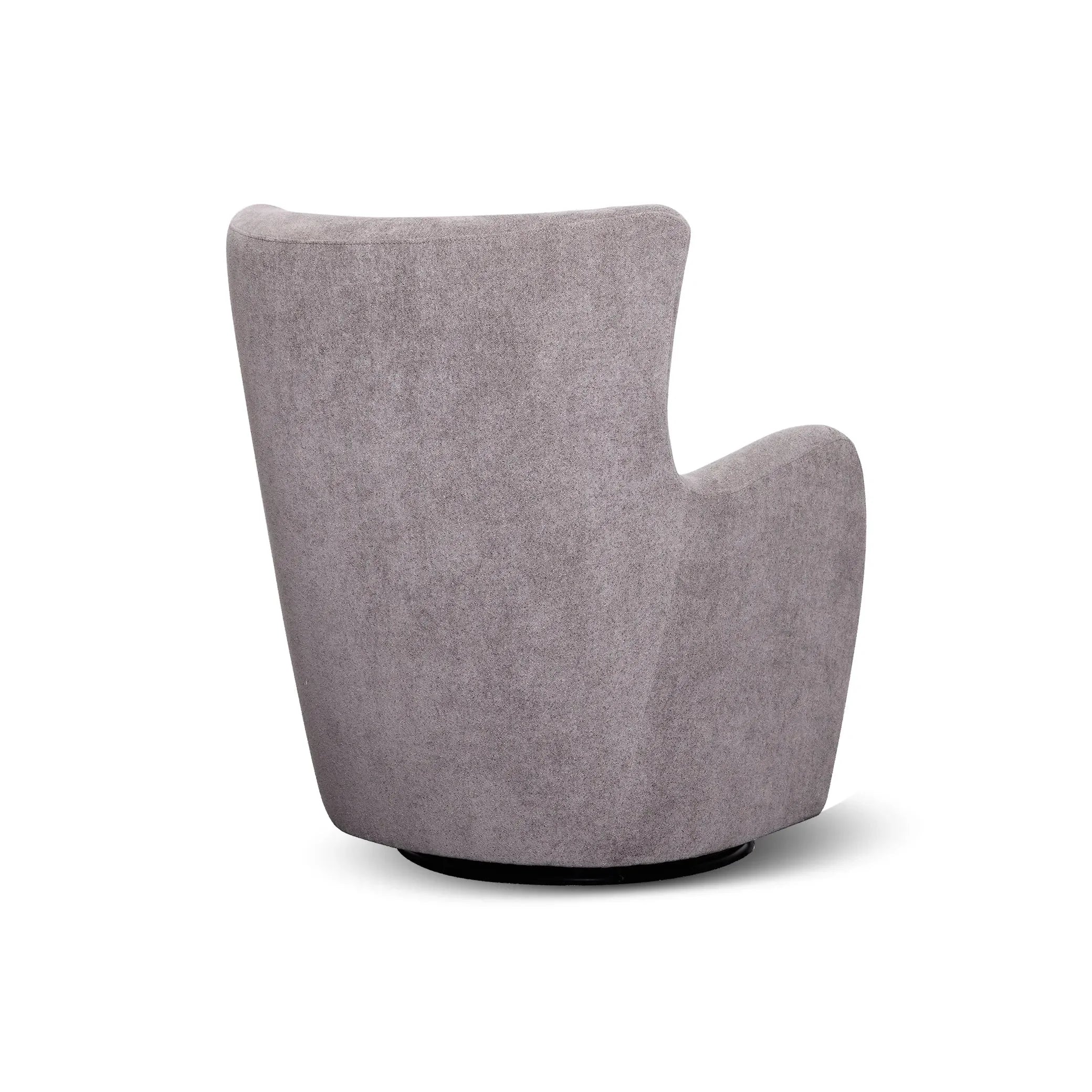 Modern grey swivel accent chair with textured upholstery, shown from the back