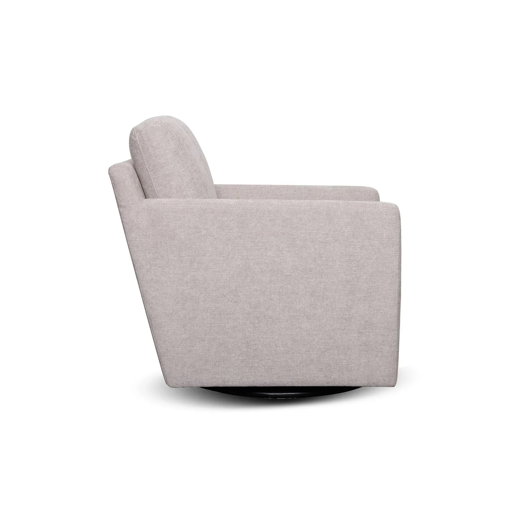 Modern light grey upholstered swivel chair side view on white background