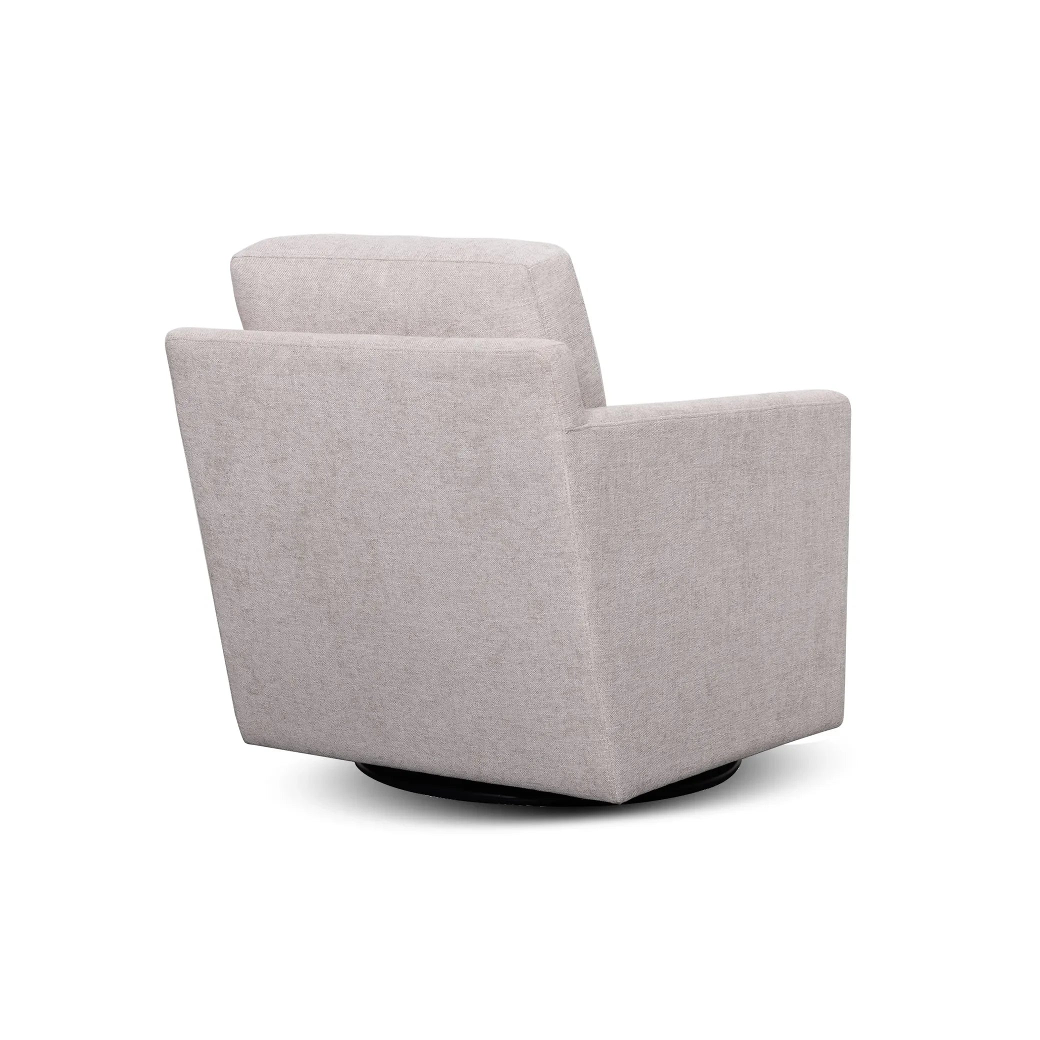 Modern light grey swivel armchair with square design and stone-colored upholstery