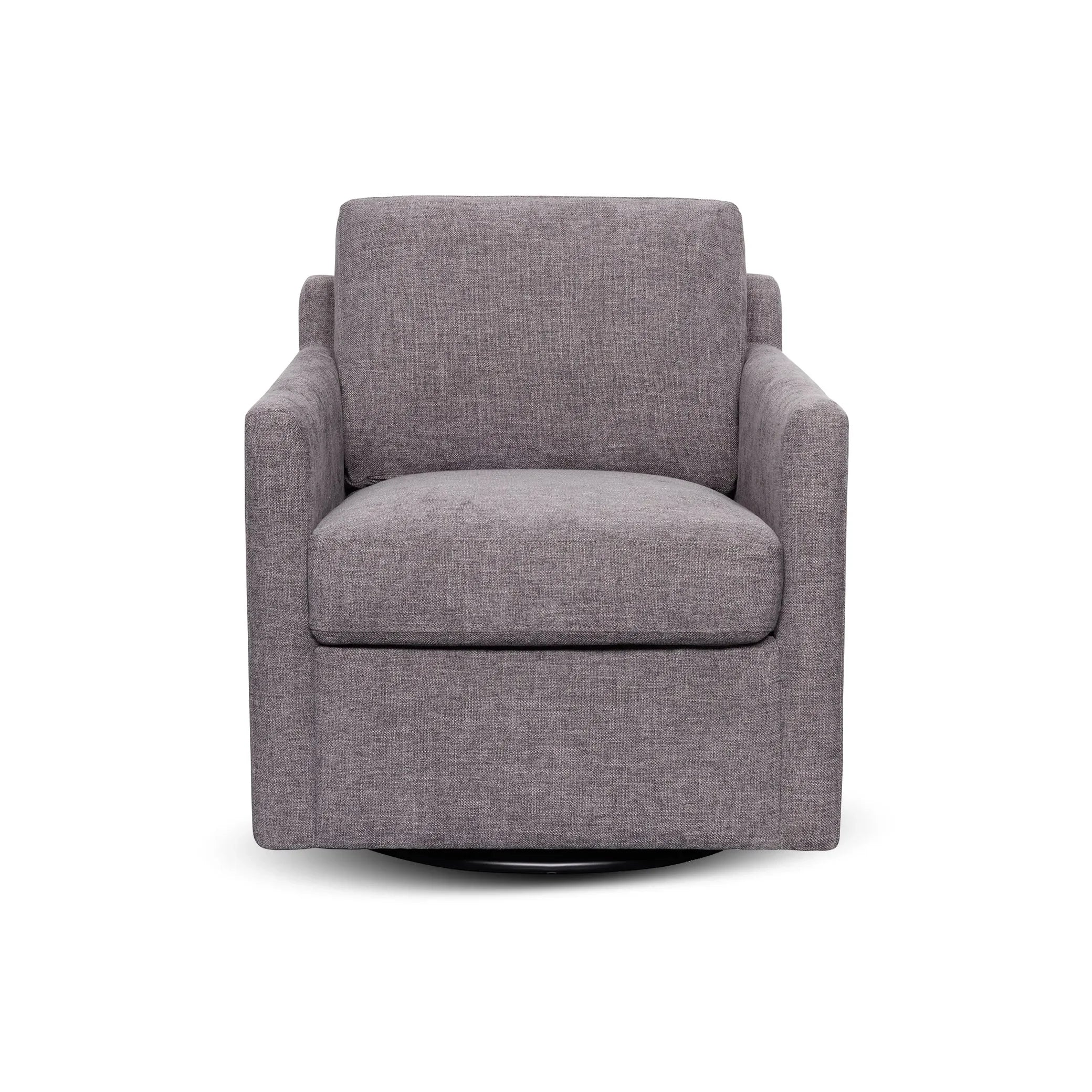 Modern grey fabric swivel armchair with clean lines on a white background