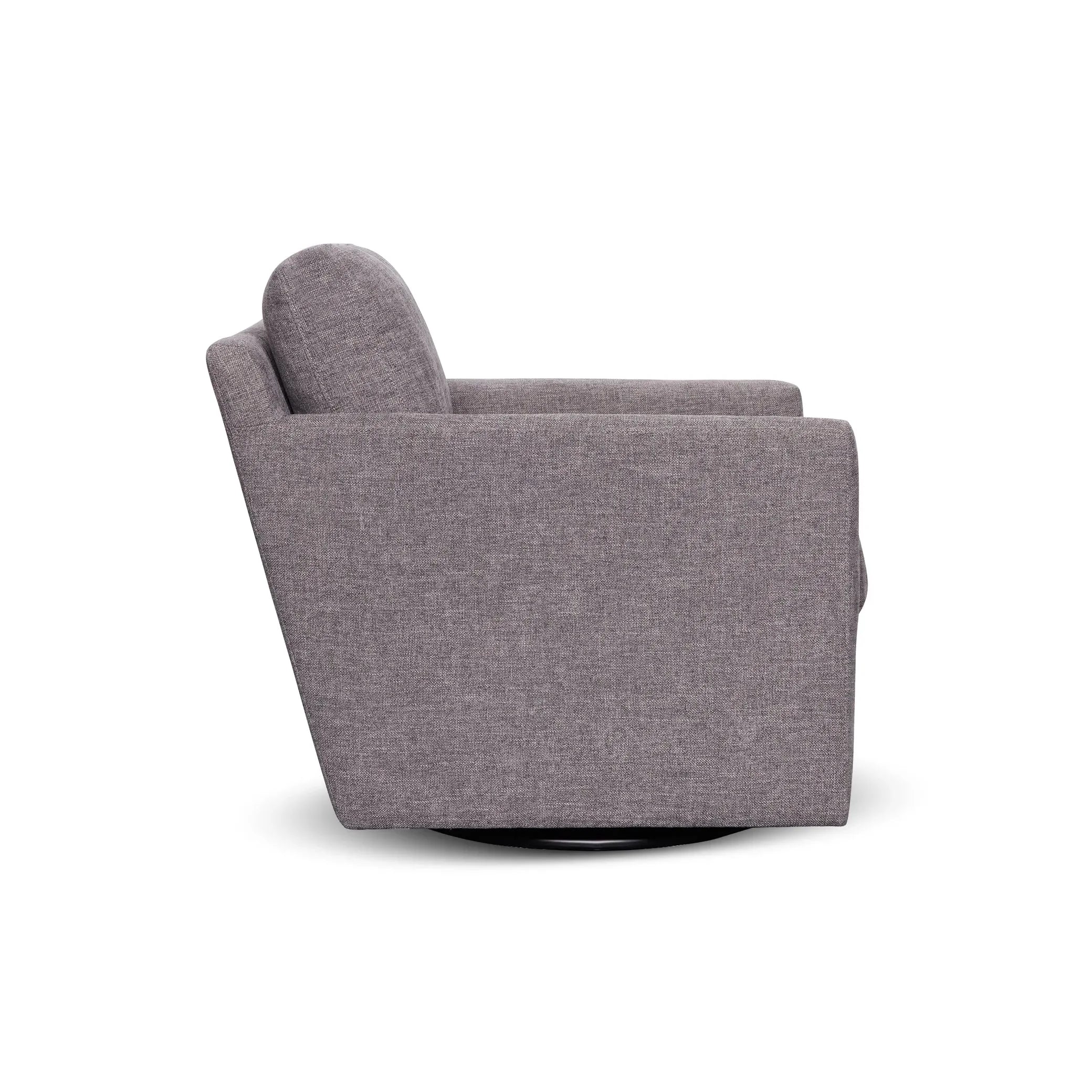 Side view of a modern gray fabric swivel chair on white background