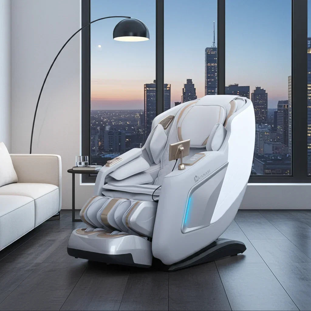 Luxury white massage chair in modern living room with city skyline view at sunset