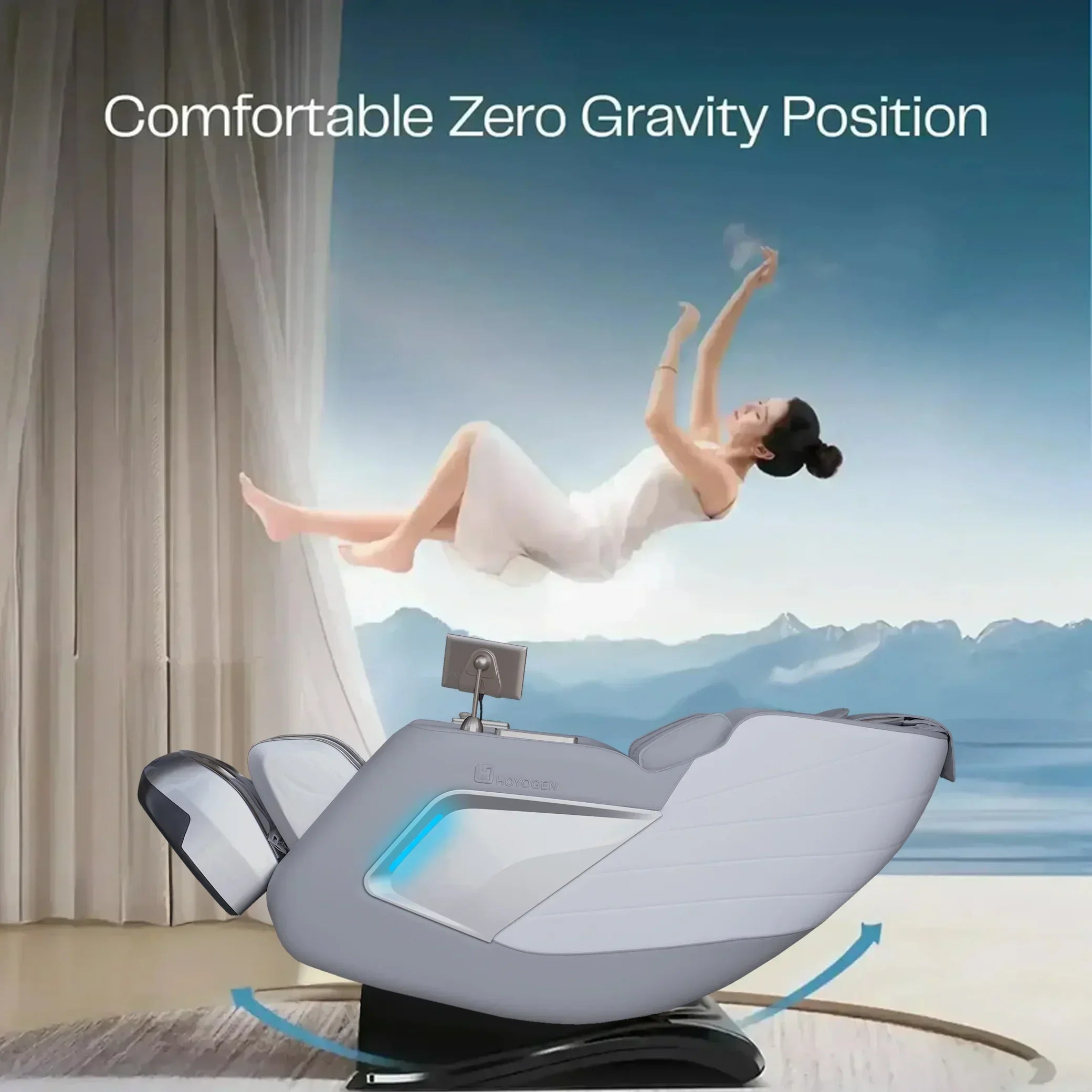 Modern grey massage chair in zero gravity position, with serene mountain view and relaxed woman.