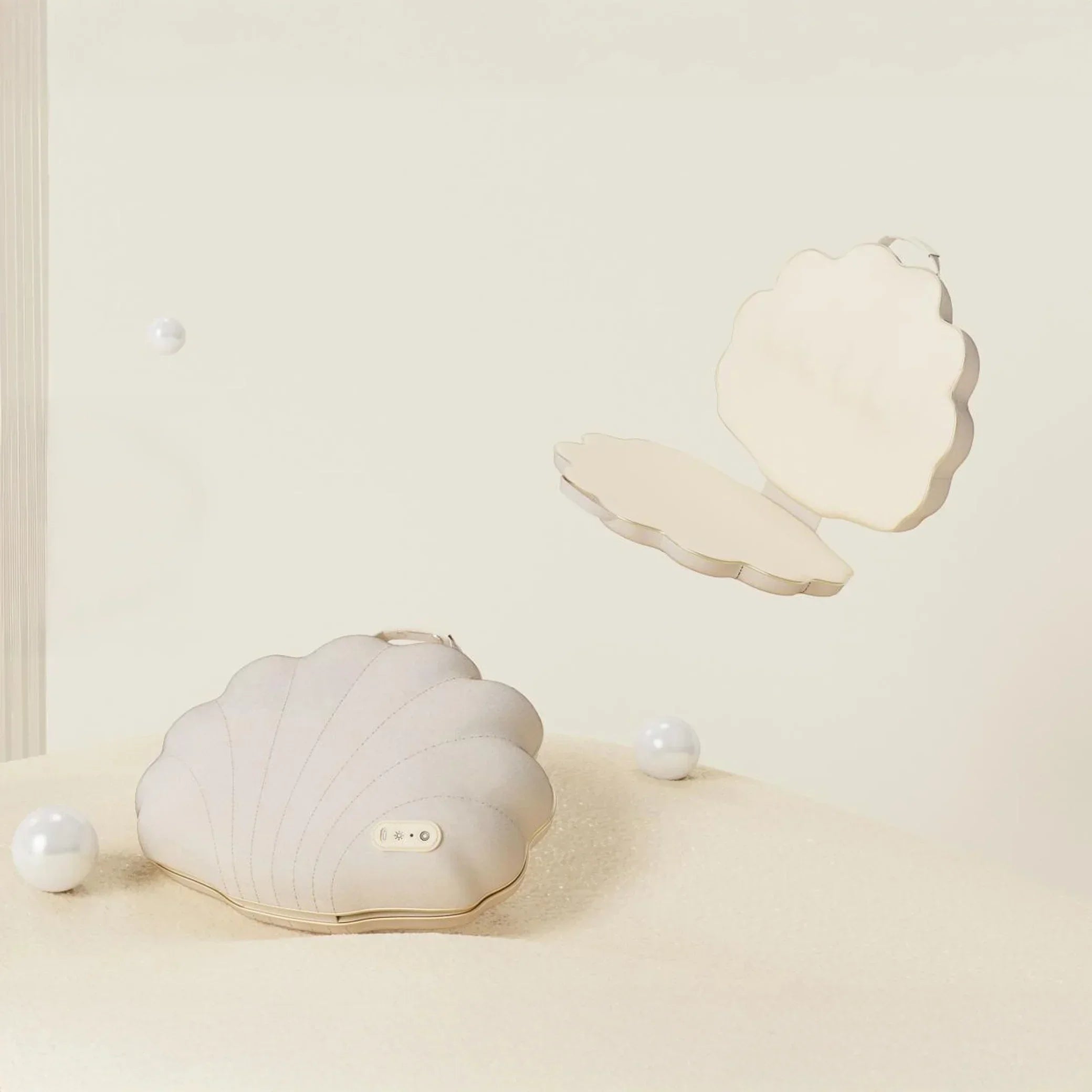 Shell-shaped massage cushion on sand with floating cushion, minimal beige decor, pearls
