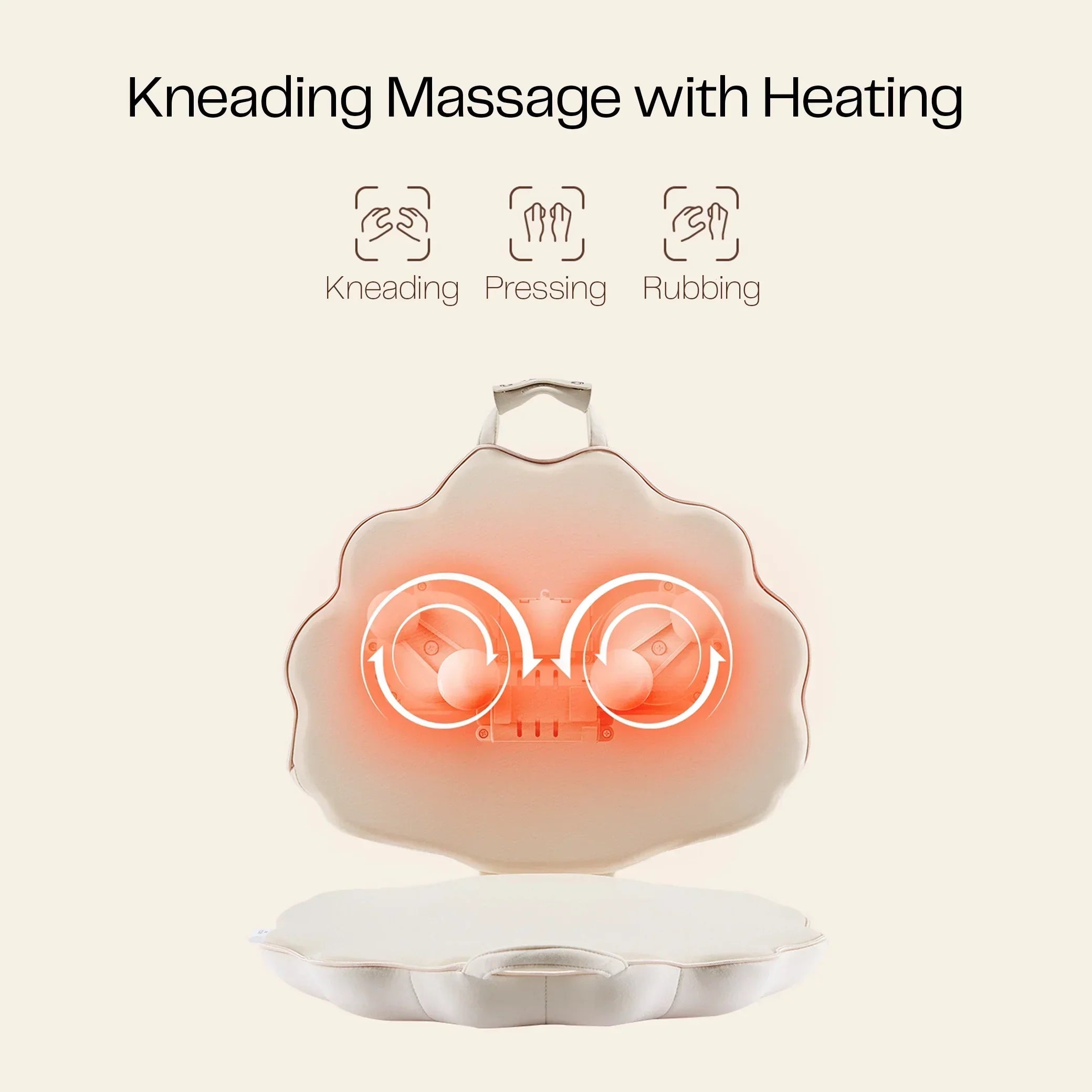Beige massage cushion with heating, showing kneading, pressing and rubbing features.