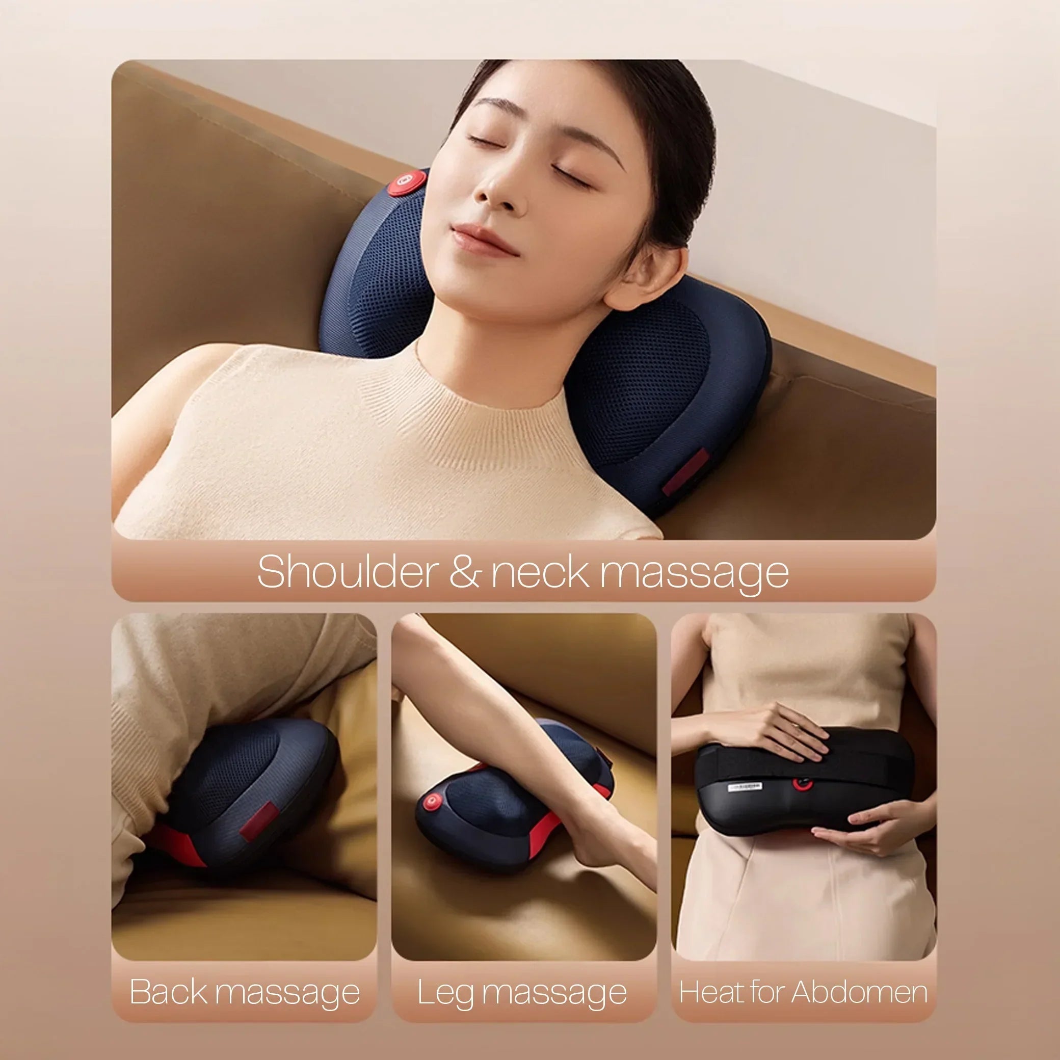 Woman using an electric massager pillow for neck, back, leg, and abdominal heat therapy