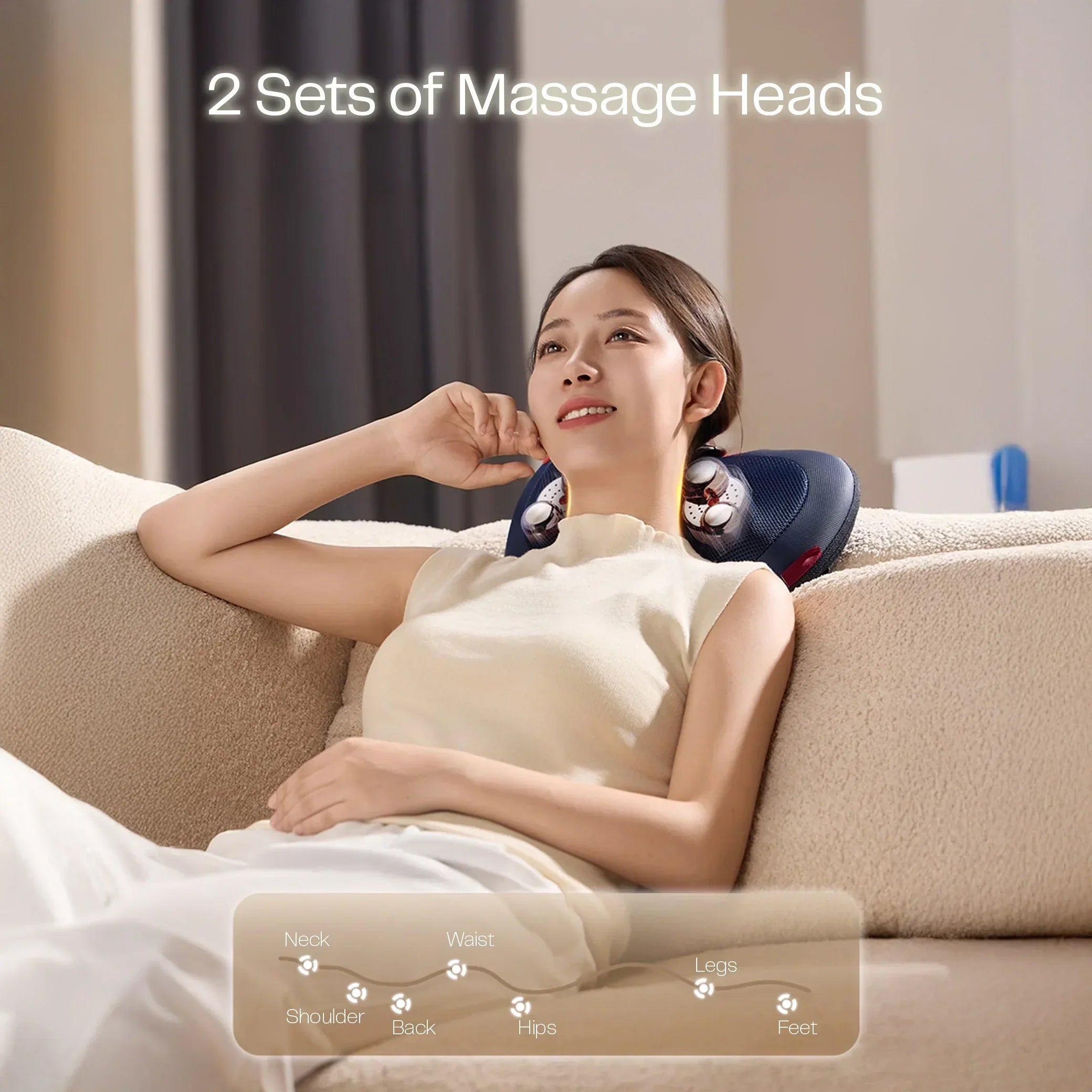 Woman relaxing on sofa using electric neck massage pillow with two sets of massage heads