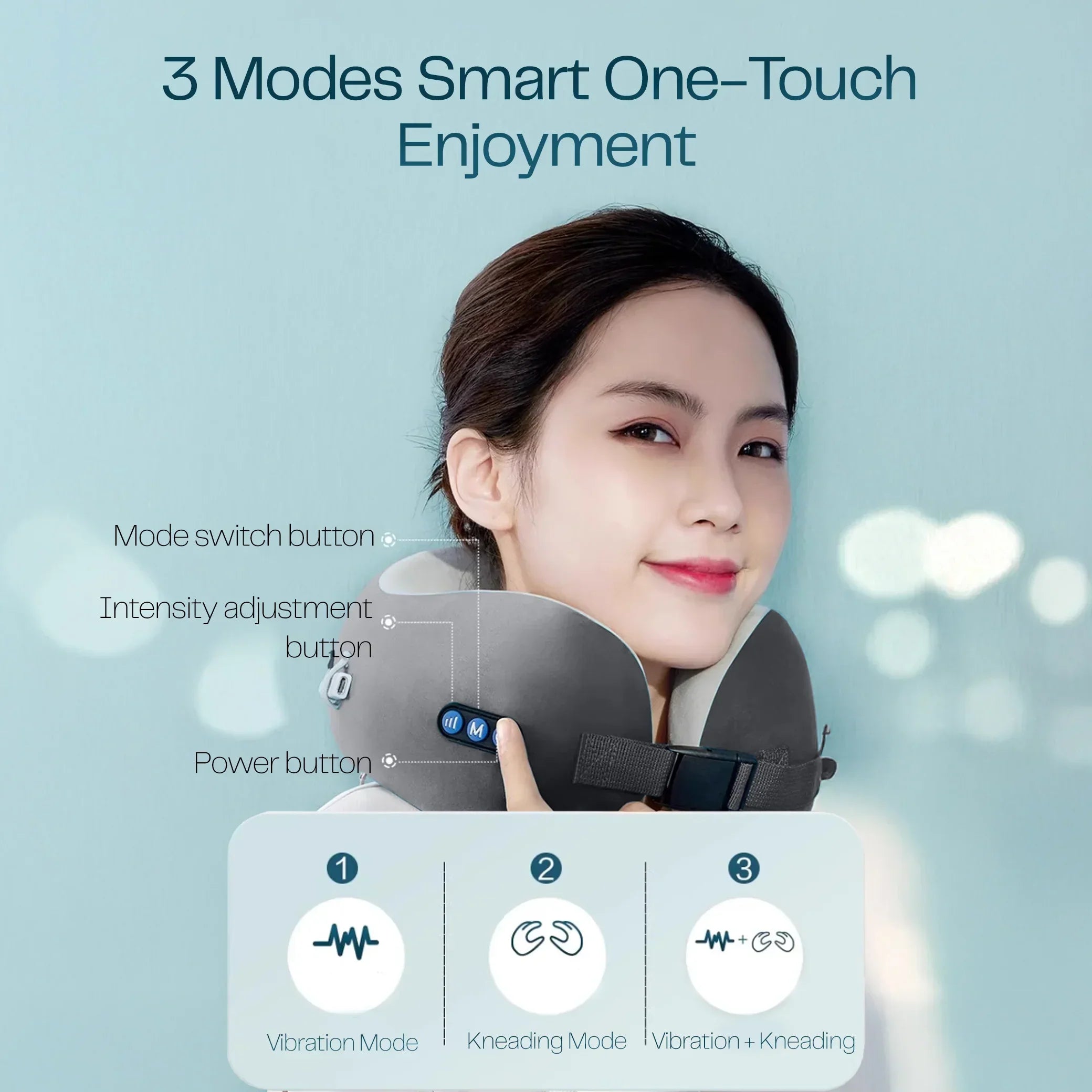 Woman using portable massage neck pillow with smart one-touch controls, three modes shown