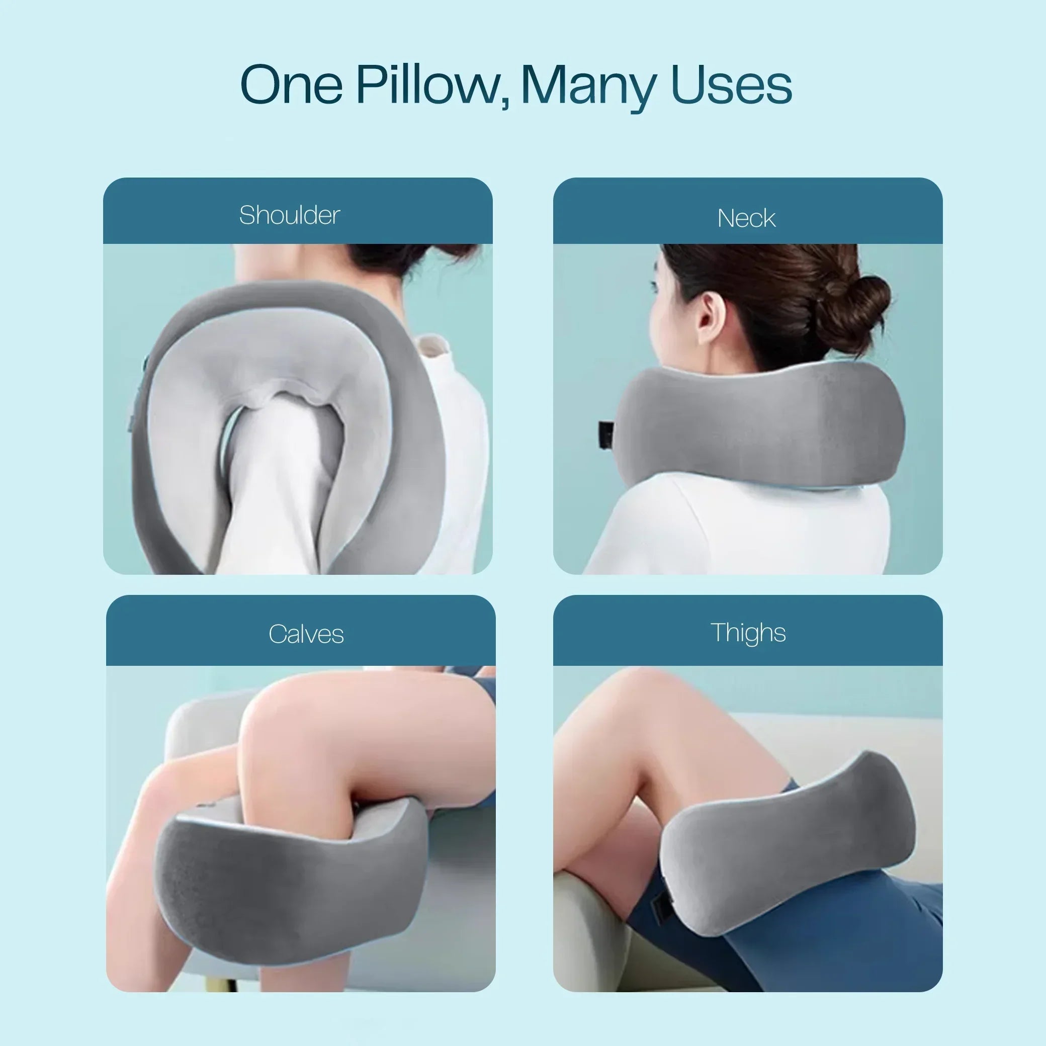 Gray portable massage neck pillow used for shoulder, neck, calves, and thighs comfort