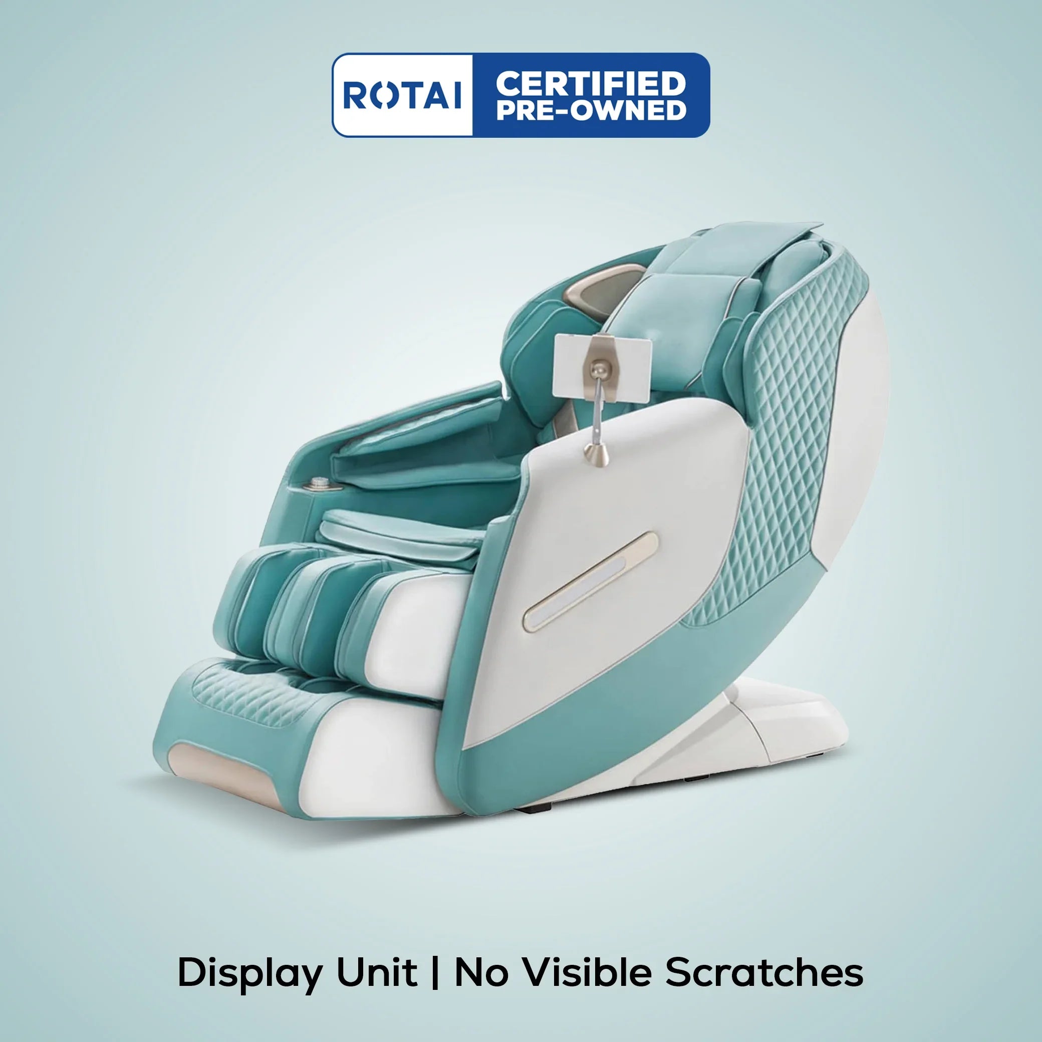 Certified pre-owned full body massage chair, teal and white, no visible scratches, display unit