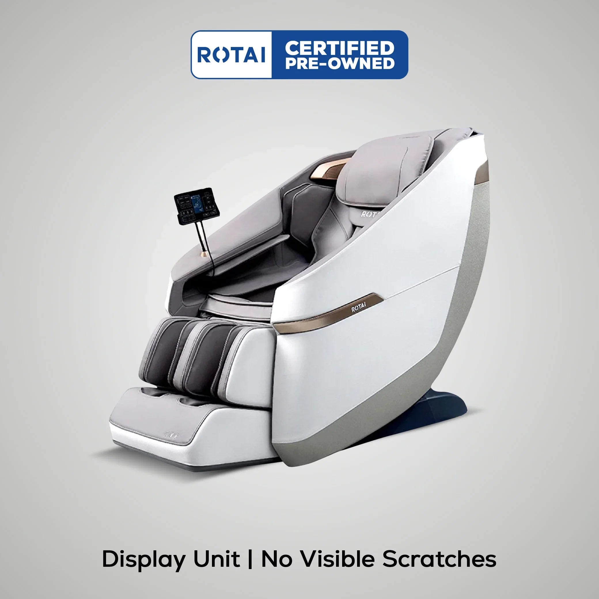 Certified pre-owned full body massage chair with sleek design and control panel, no visible scratches