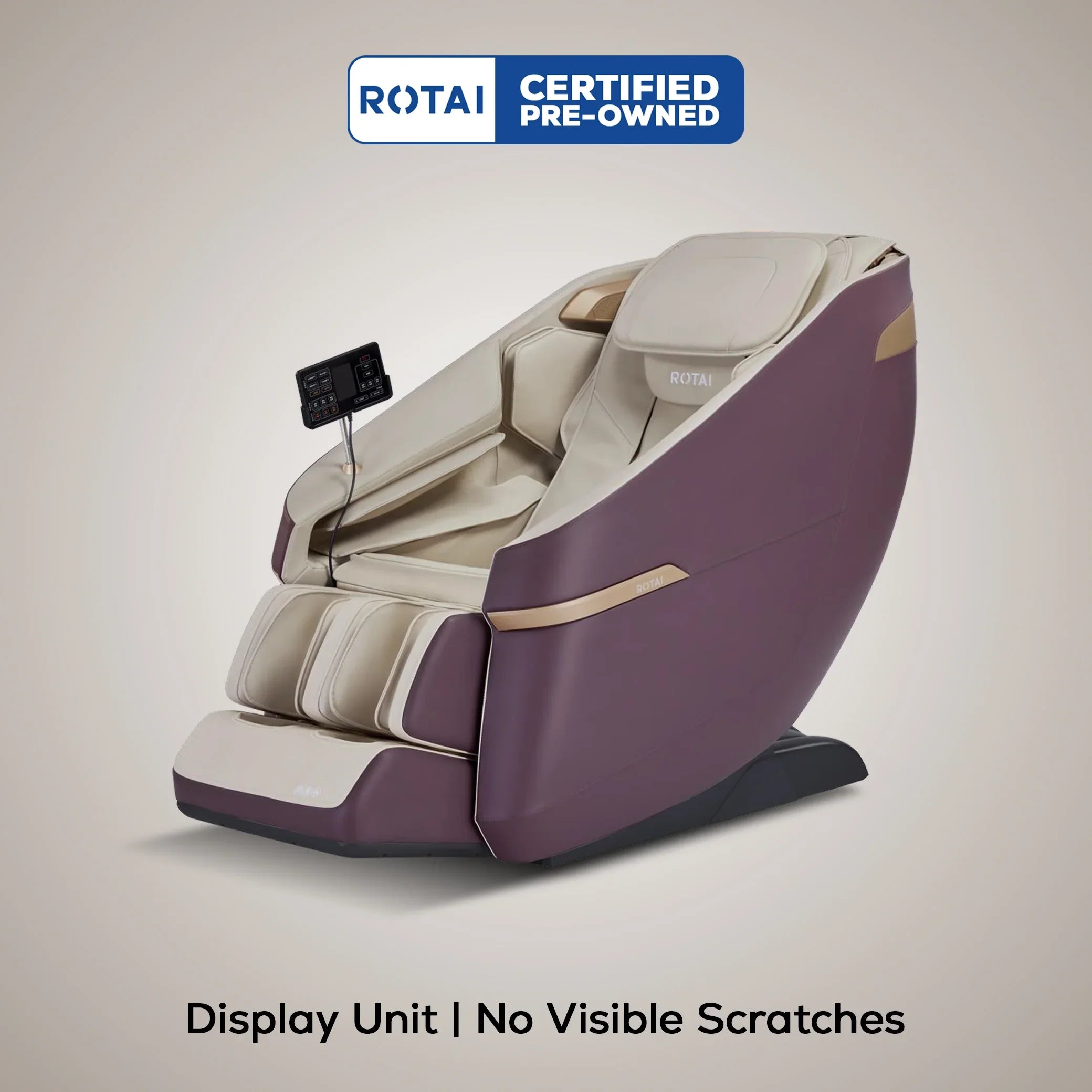 Luxury massage chair with certified pre-owned label, no visible scratches, sleek design