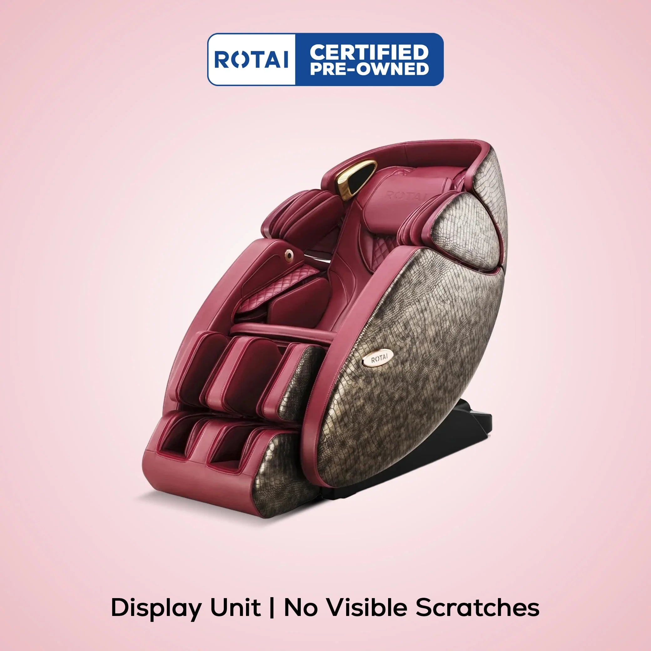Luxury red massage chair with textured sides, certified pre-owned, no visible scratches