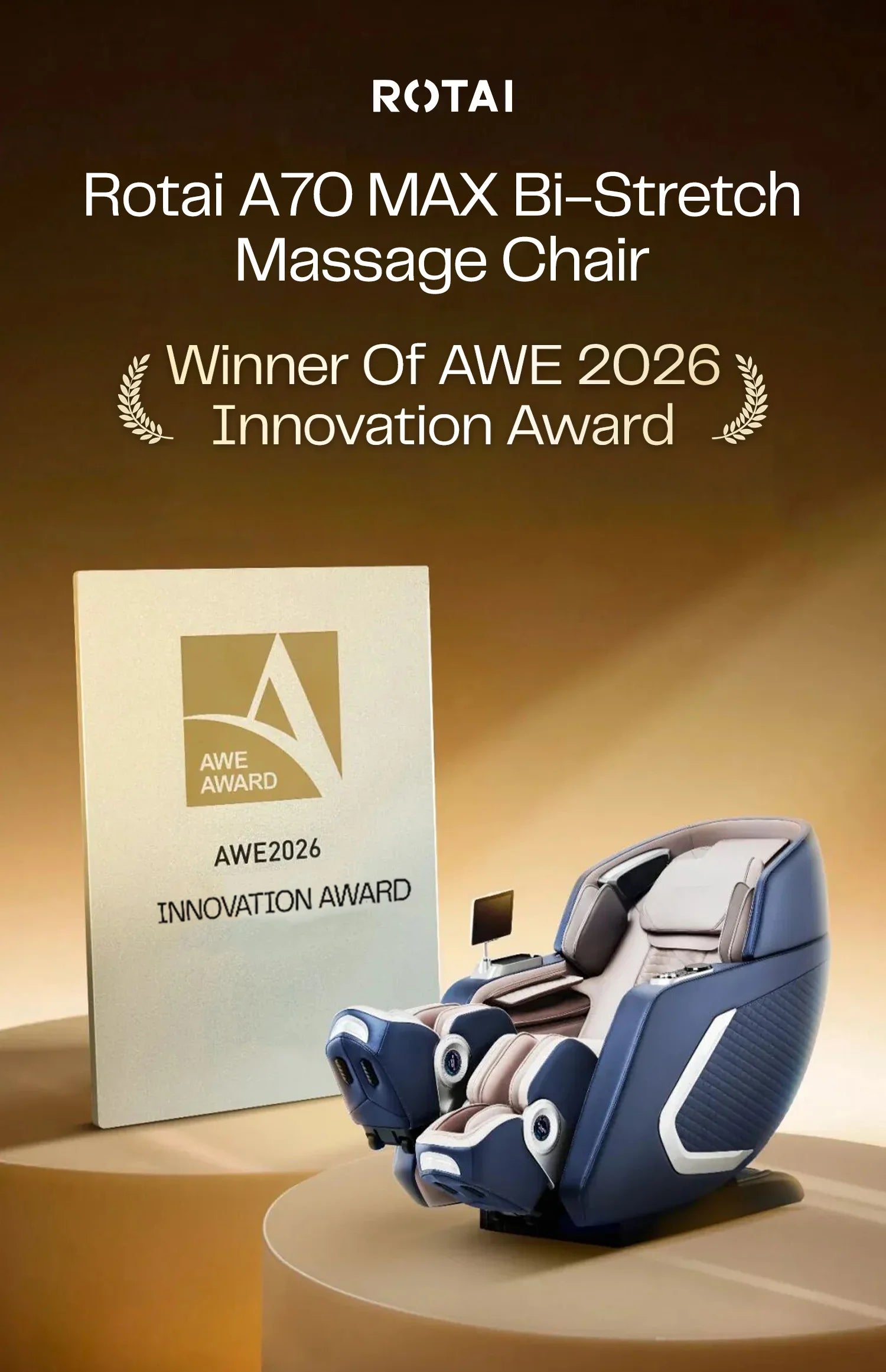 Modern full body massage chair with AWE 2026 Innovation Award on display, luxury setting