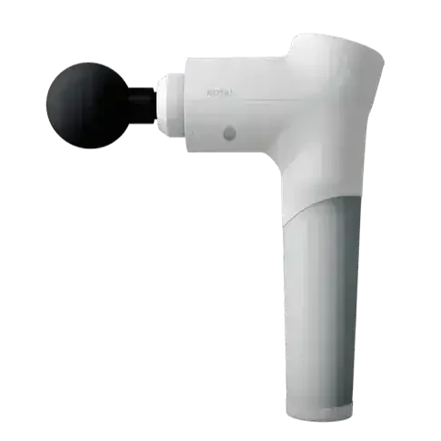 White handheld massage gun with round black attachment, isolated on black background