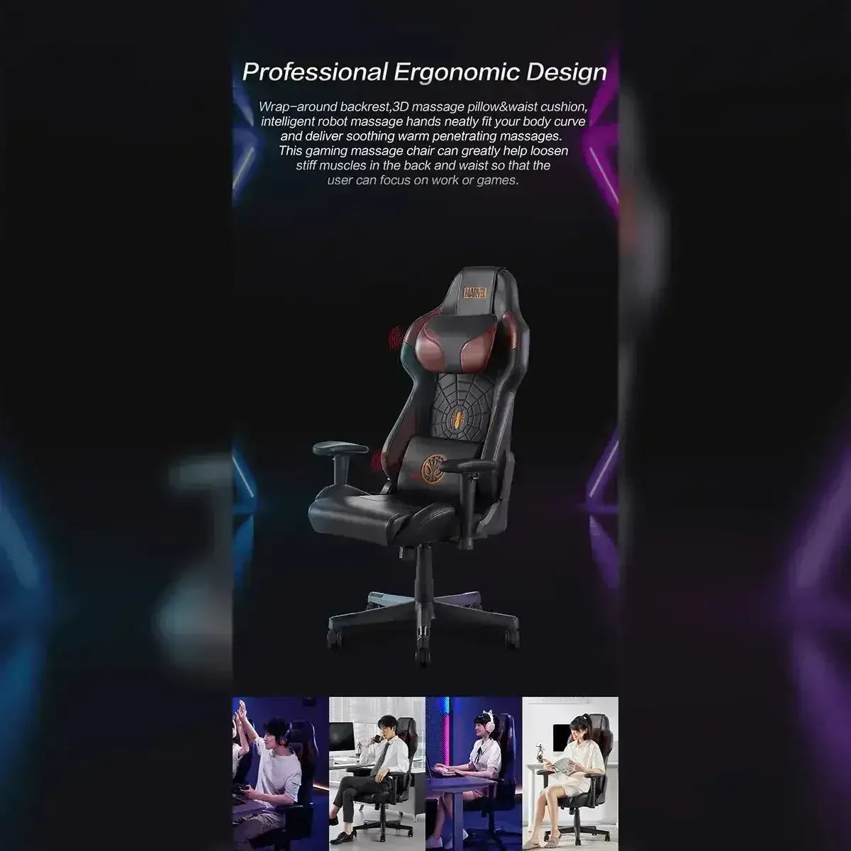 Ergonomic gaming massage chair with black and red design, adjustable armrests, shown in office and gaming settings.