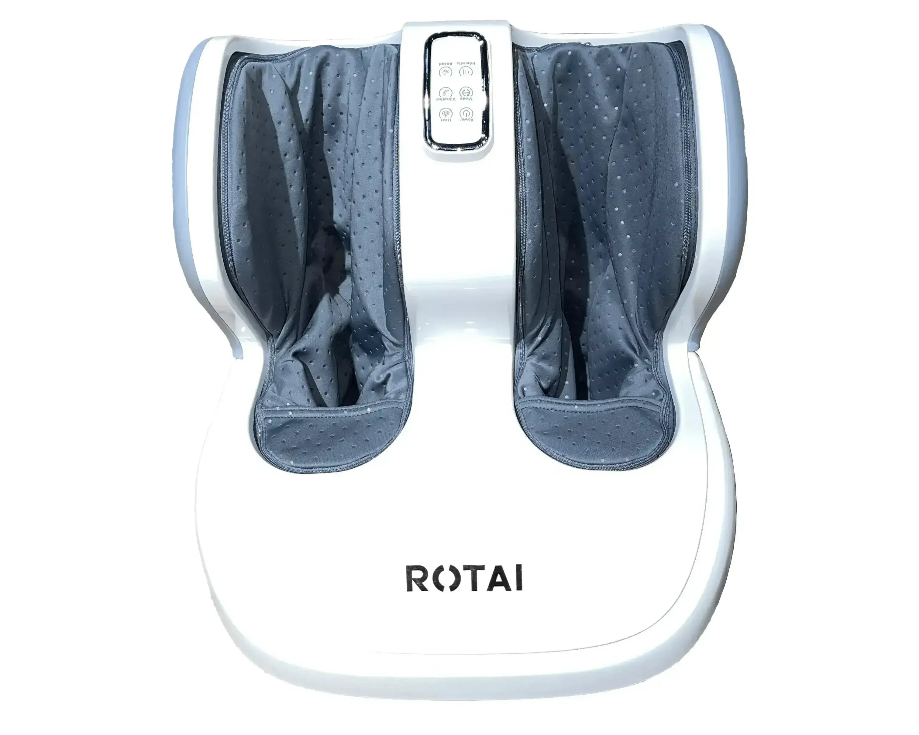 White ROTAI foot and calf massager with grey fabric lining and digital control panel