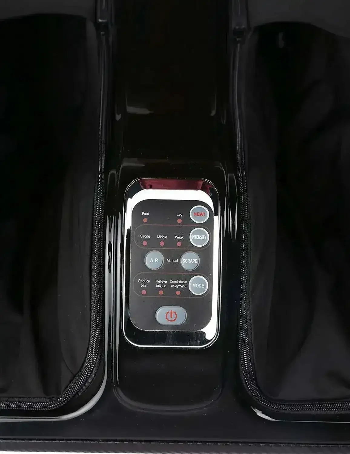 Close-up of Rotai massage chair remote control panel in black foot massage slots, Dubai UAE