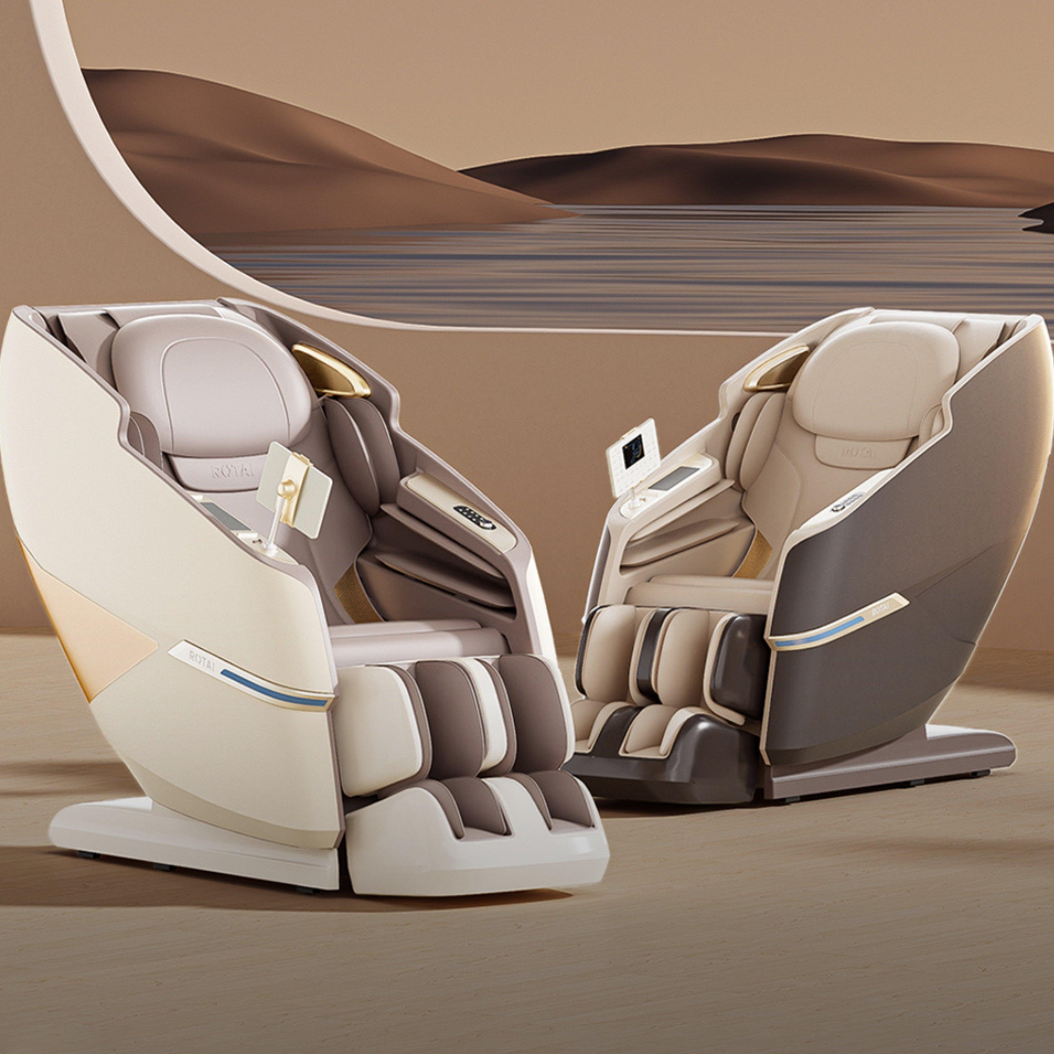 Two Royal Magestic Pro Massage Chairs in brown and beige, featuring 3D Movement and AI Smart Massage technology, best massage chairs in UAE