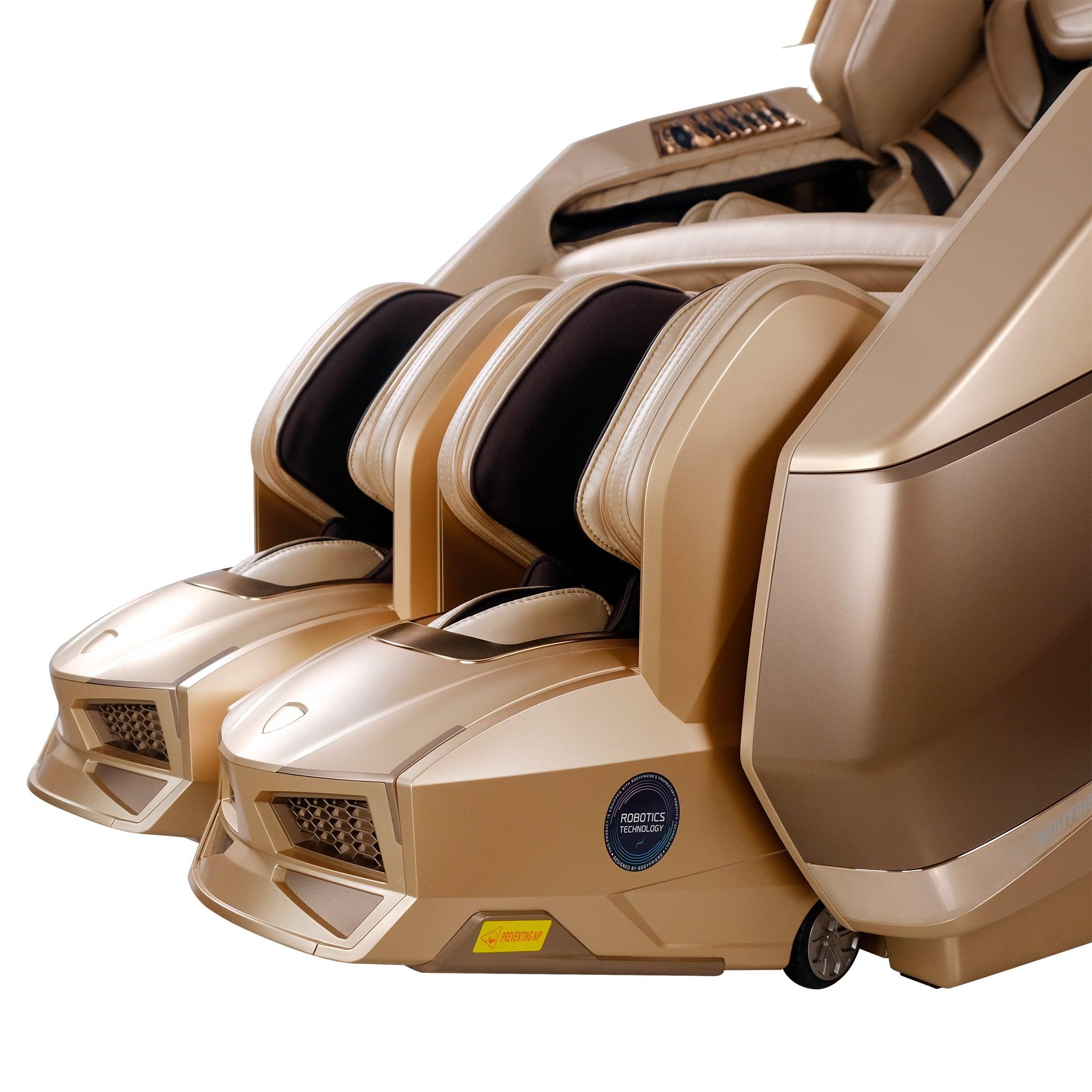 AI Robotic Massage Chair in Sleek Golden with Rovo Walking Technology and full body airbags, available at massage chair shop in Dubai, UAE. best massage chair uae, massage chair Dubai, massage chair uae, massage chair Saudi Arabia, كرسي التدليك, Best mass