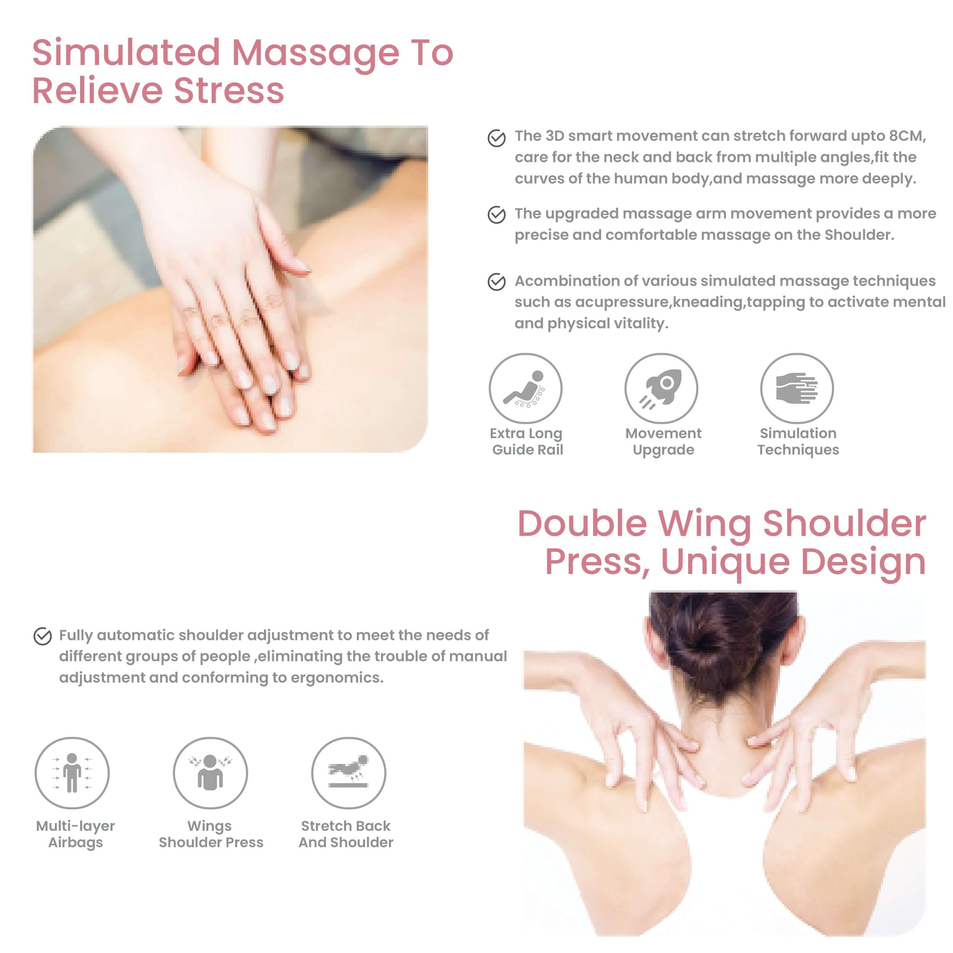 Simulated massage to relieve stress and unique double wing shoulder press design on massage chair. best massage chair uae, massage chair Dubai, massage chair uae, massage chair Saudi Arabia, كرسي التدليك, Best massage chair in Dubai UAE, buy massage chair