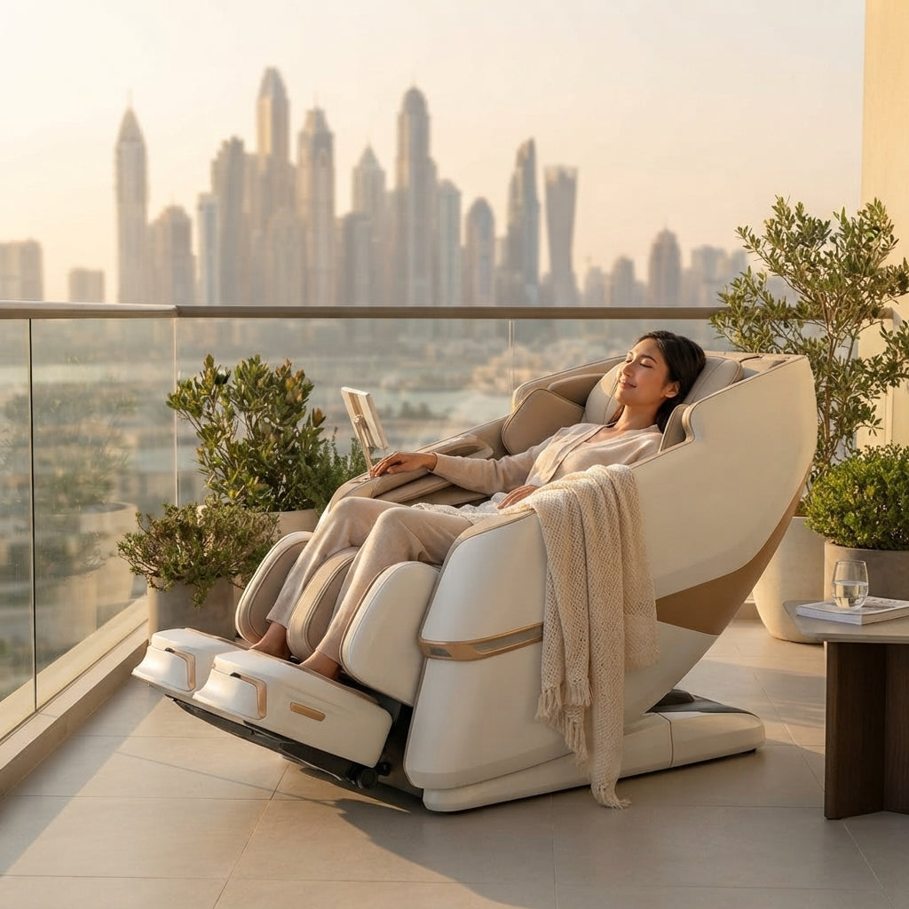 A woman relaxes in a cream and beige modern massage chair on a sunlit balcony with a city skyline in the background.