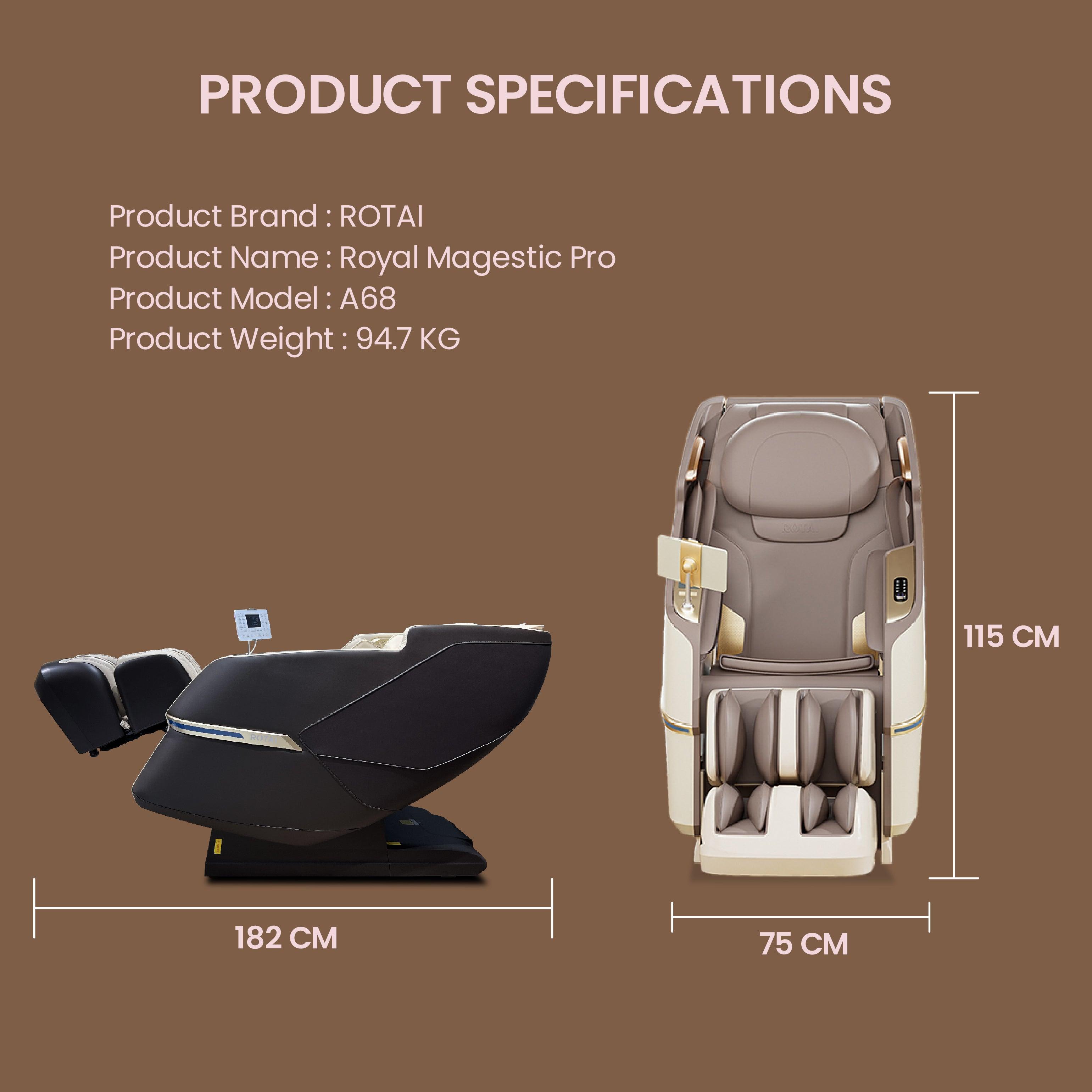 Royal Magestic Pro Massage Chair (Brown), dimensions: 182cm x 75cm x 115cm, model A68, weight: 94.7kg, best massage chair in UAE.