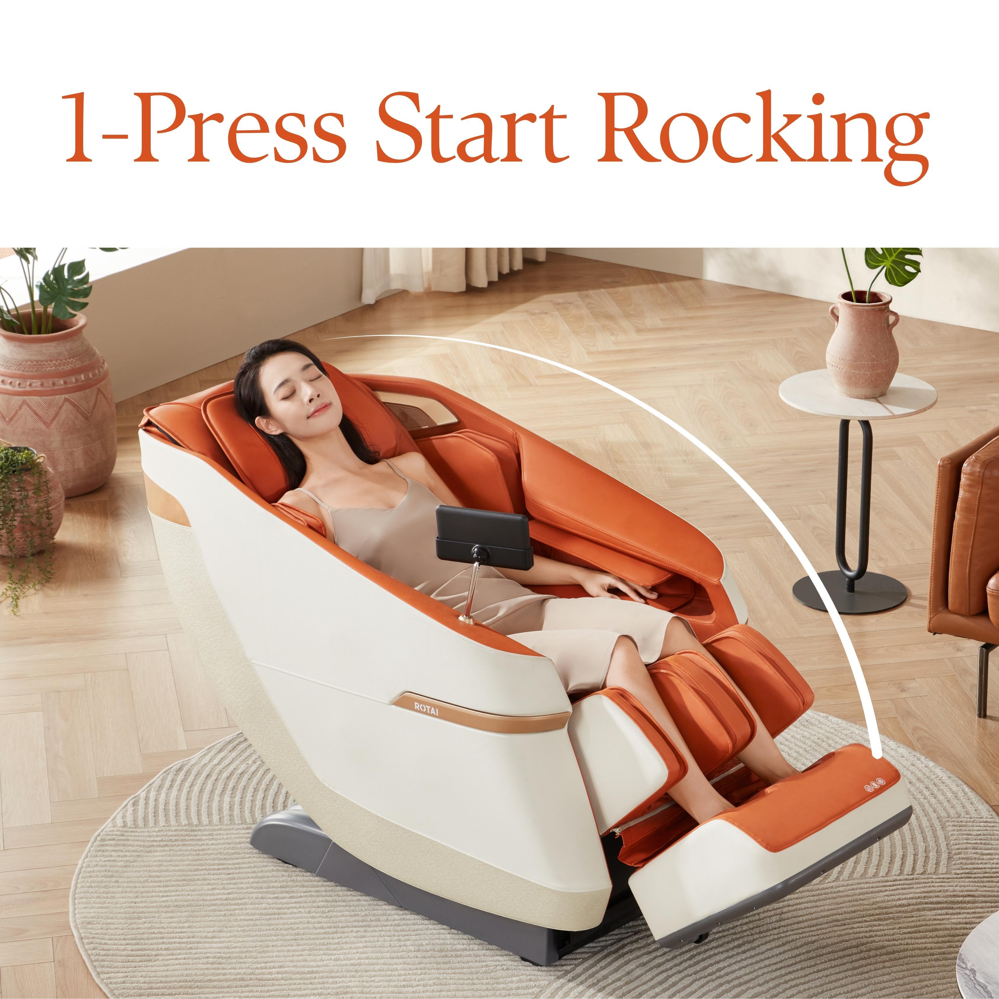 Orange Jimny Massage Chair in use, demonstrating 1-Press Start Rocking feature. Best massage chair UAE. Massage chair Dubai. Massage chair shop.
