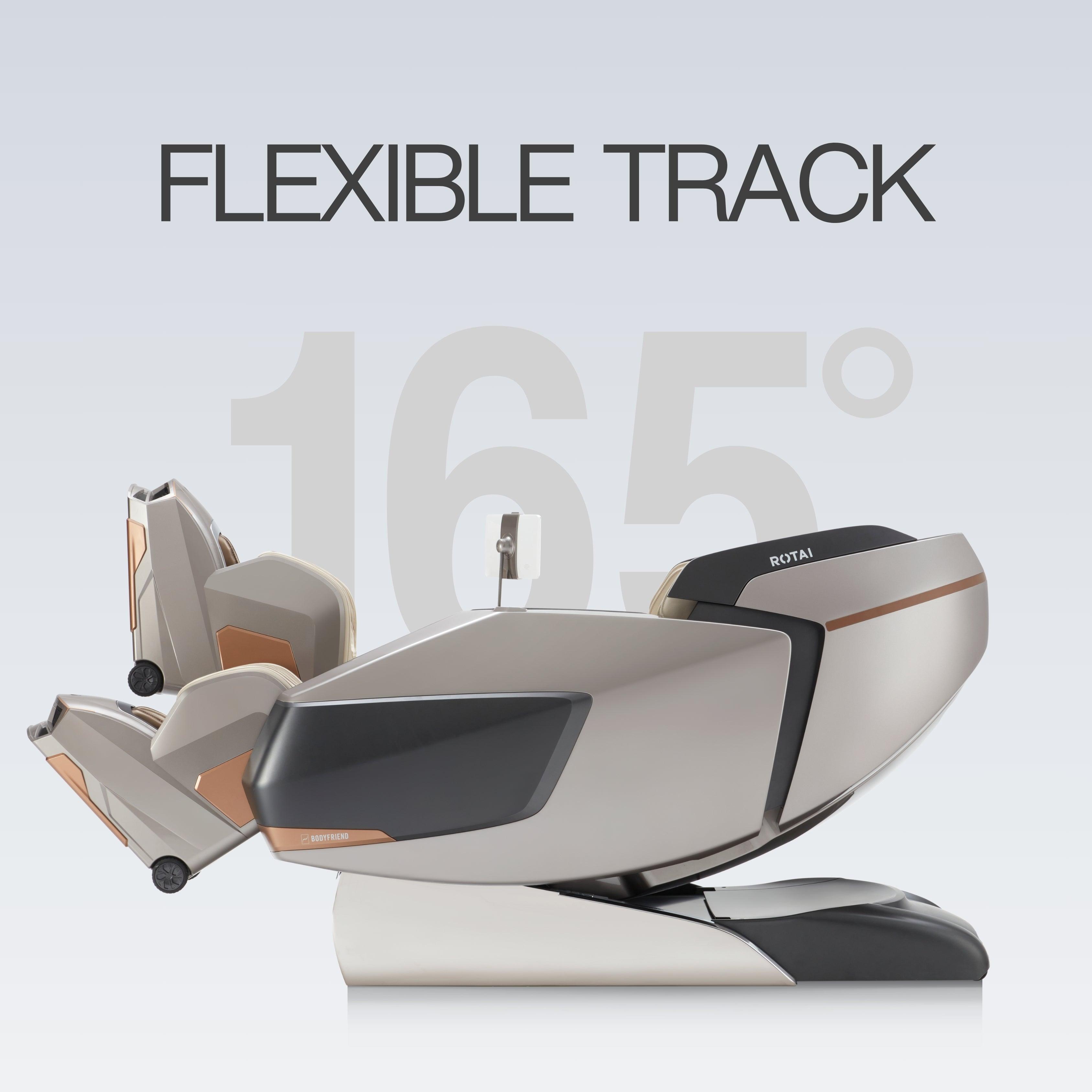 AI Robotic Massage Chair (Glacier Silver) showcasing flexible track technology with 165-degree recline feature for enhanced comfort.
