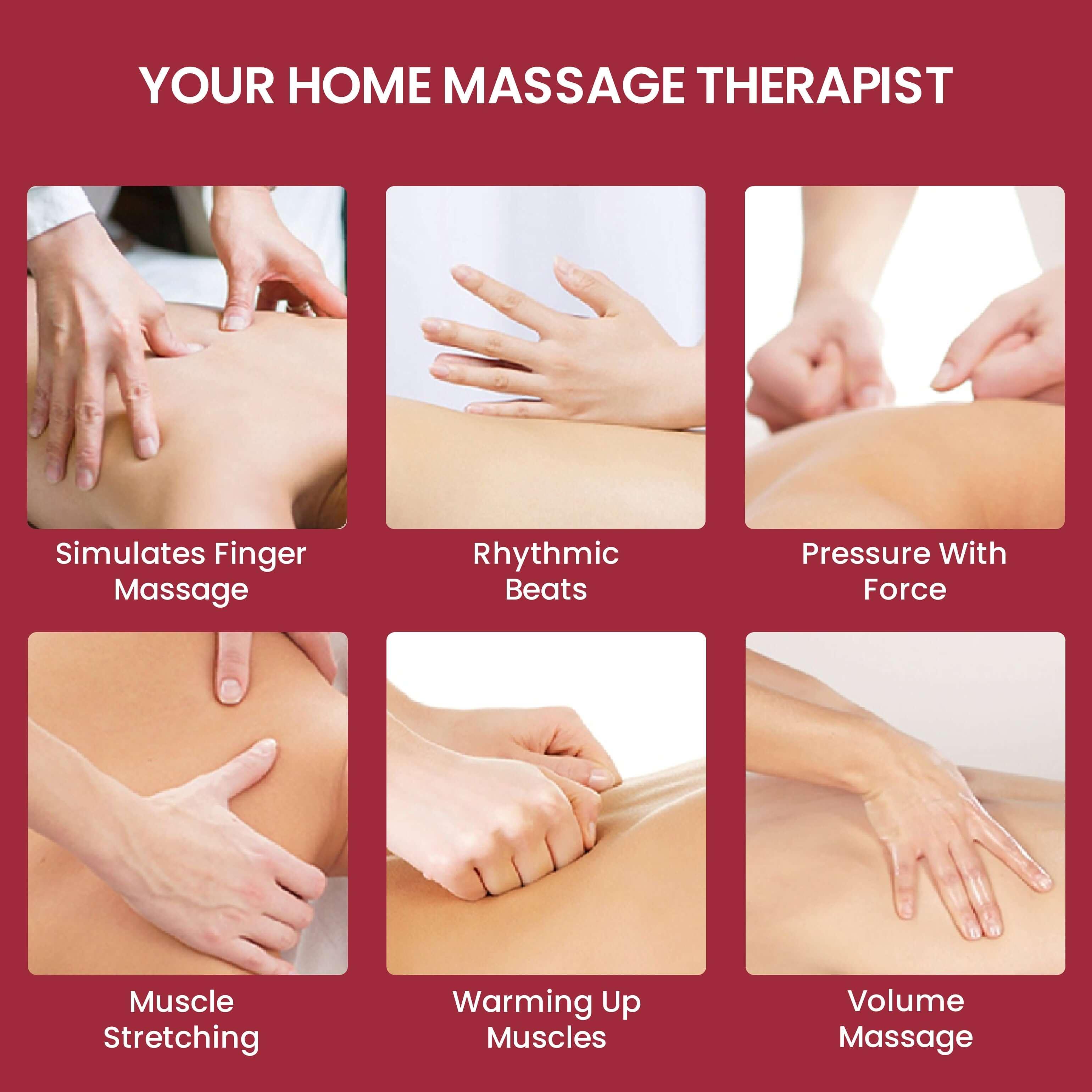 Features of a home massage therapist showcasing simulated finger massage, rhythmic beats, pressure with force, muscle stretching, warming up muscles, and volume massage. best massage chair uae, massage chair Dubai, massage chair uae, massage chair Saudi A