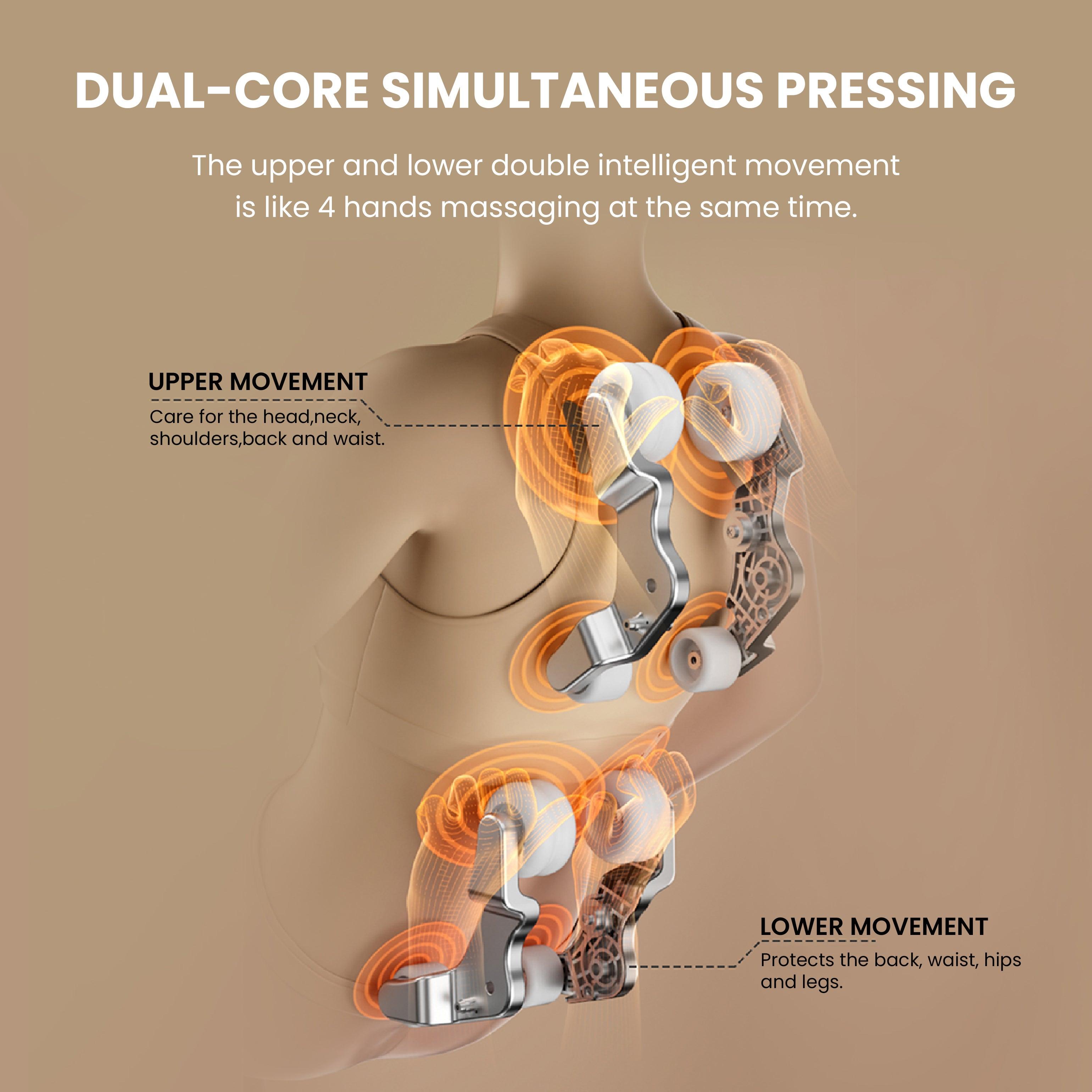 Dual-core simultaneous pressing technology in massage chair demonstrating upper and lower body movements for a 4-hand massage experience