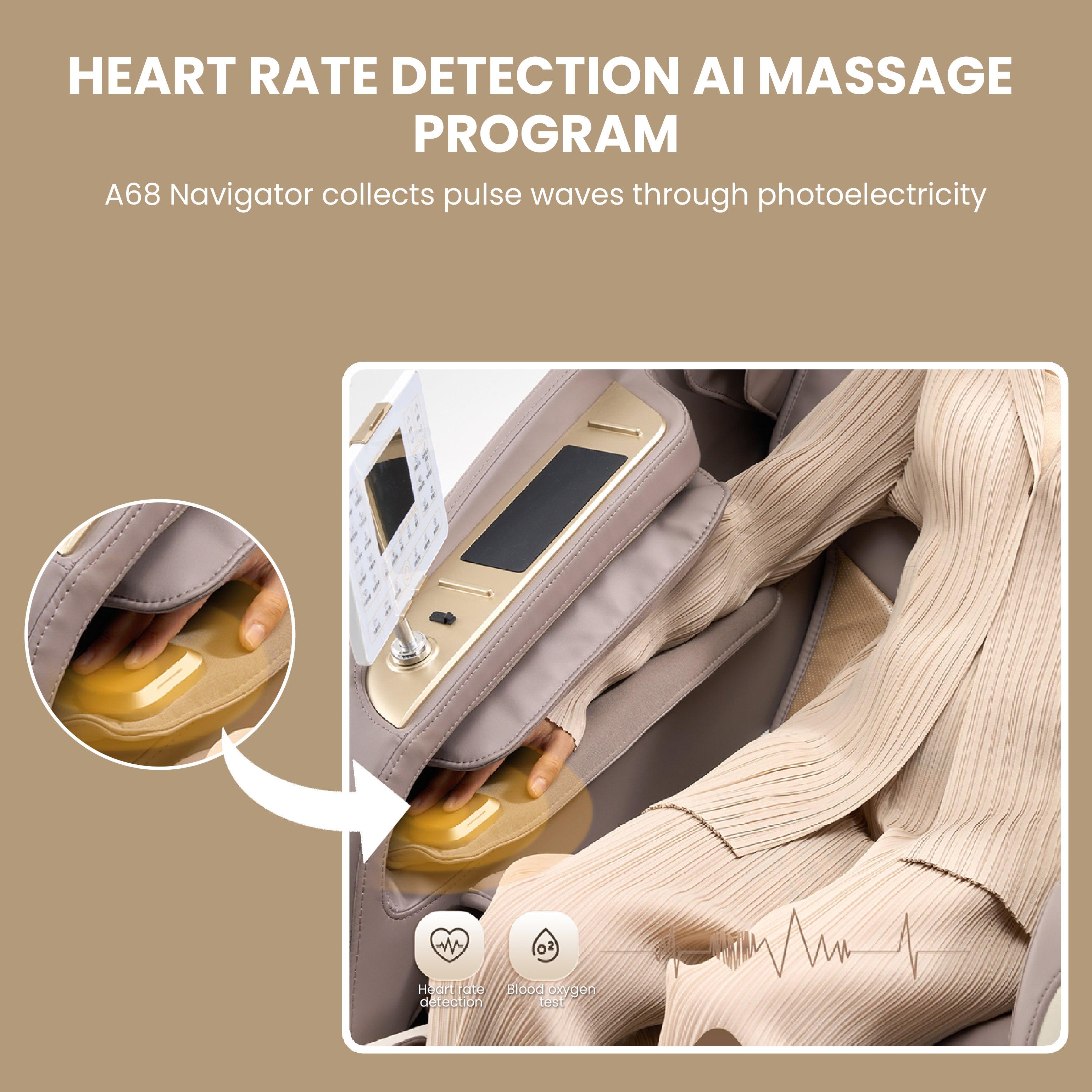 Royal Majestic Pro Massage Chair with heart rate detection and AI smart massage program, showcasing pulse wave collection through photoelectricity.