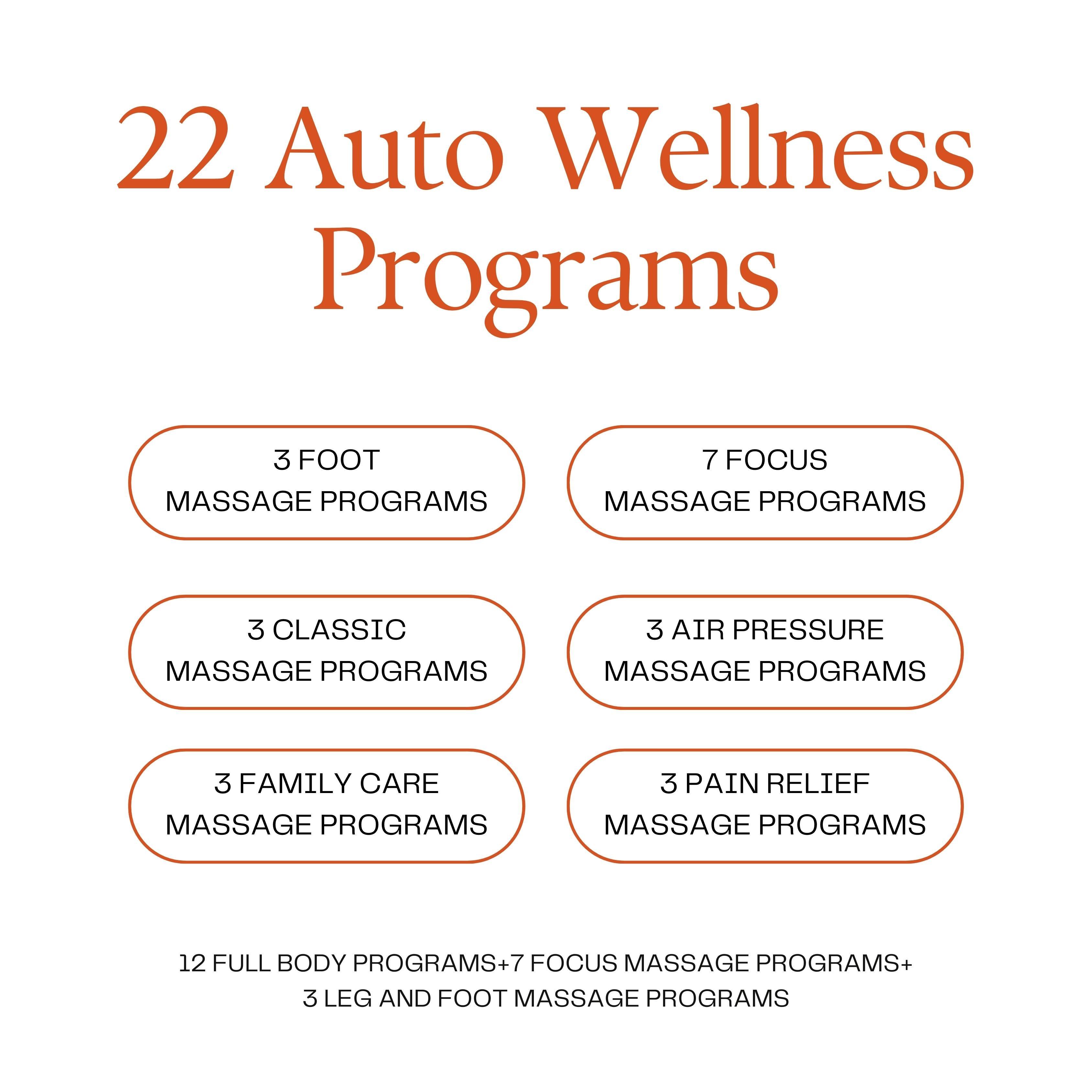 22 auto wellness programs including foot, focus, classic, air pressure, family care, and pain relief massage programs