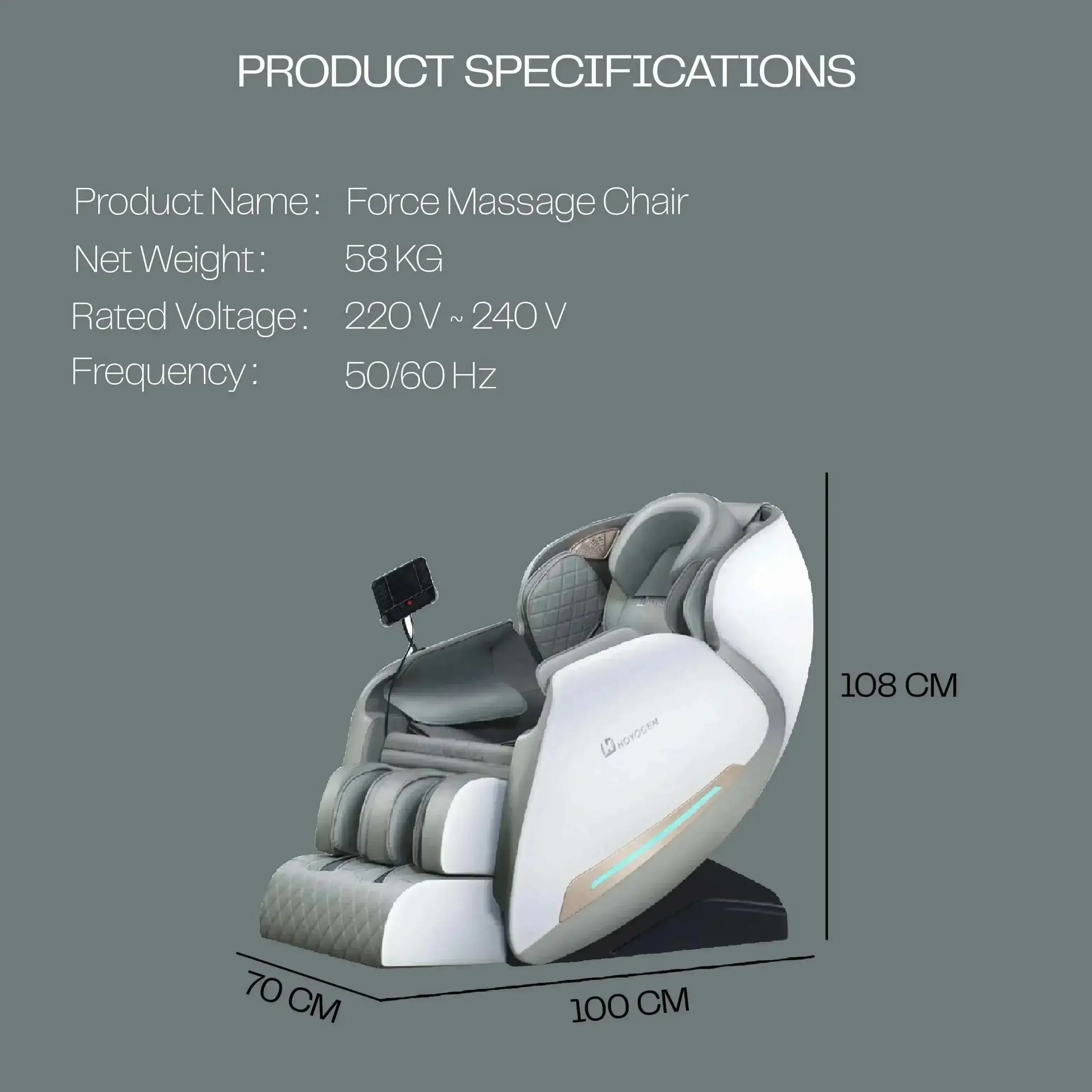 Force Massage Chair product specifications with dimensions and weight displayed