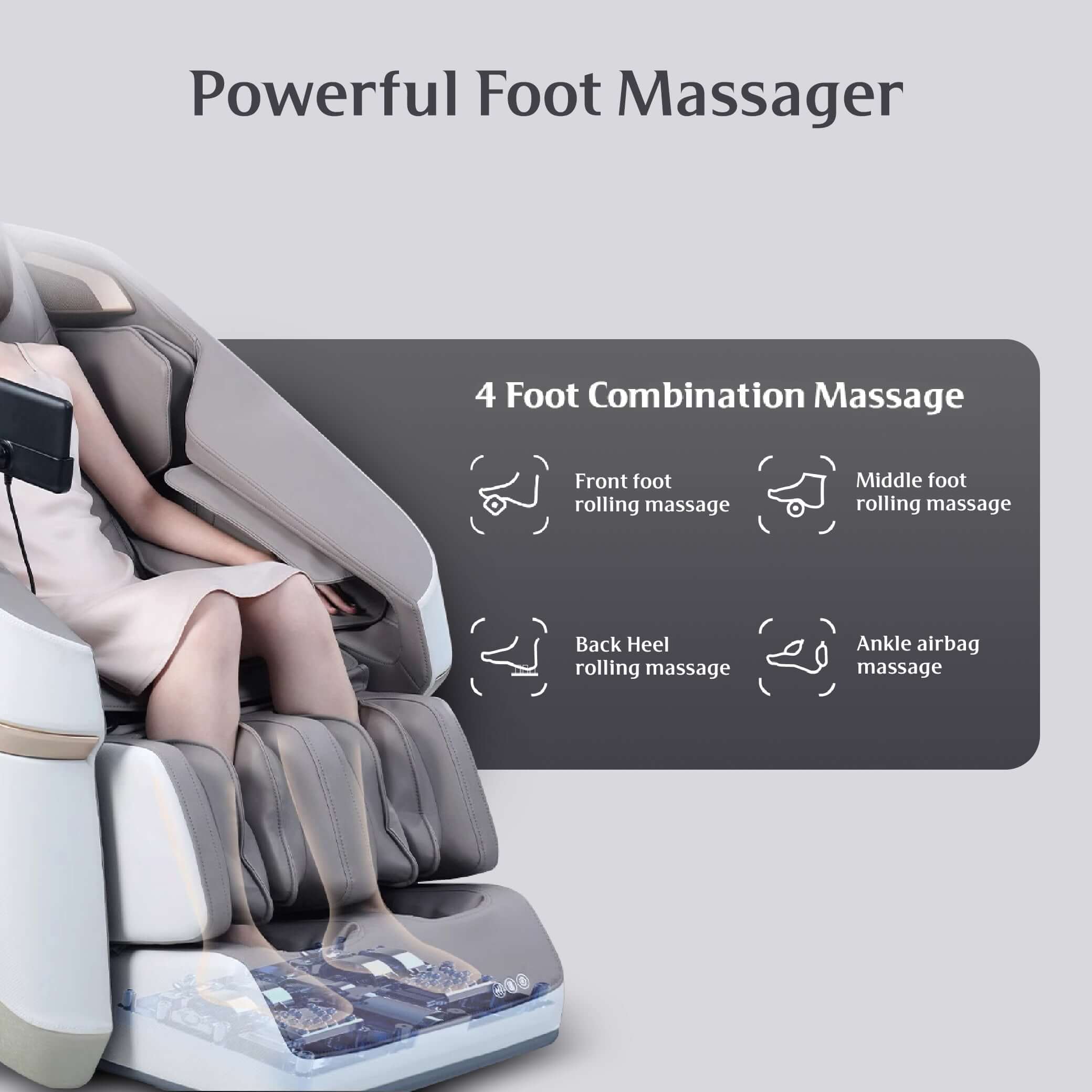 Grey Jimny Massage Chair with powerful foot massager featuring 4 combination modes for ultimate relaxation and comfort. , best massage chair uae, massage chair Dubai, massage chair uae, massage chair Saudi Arabia, كرسي التدليك, Best massage chair in Dubai
